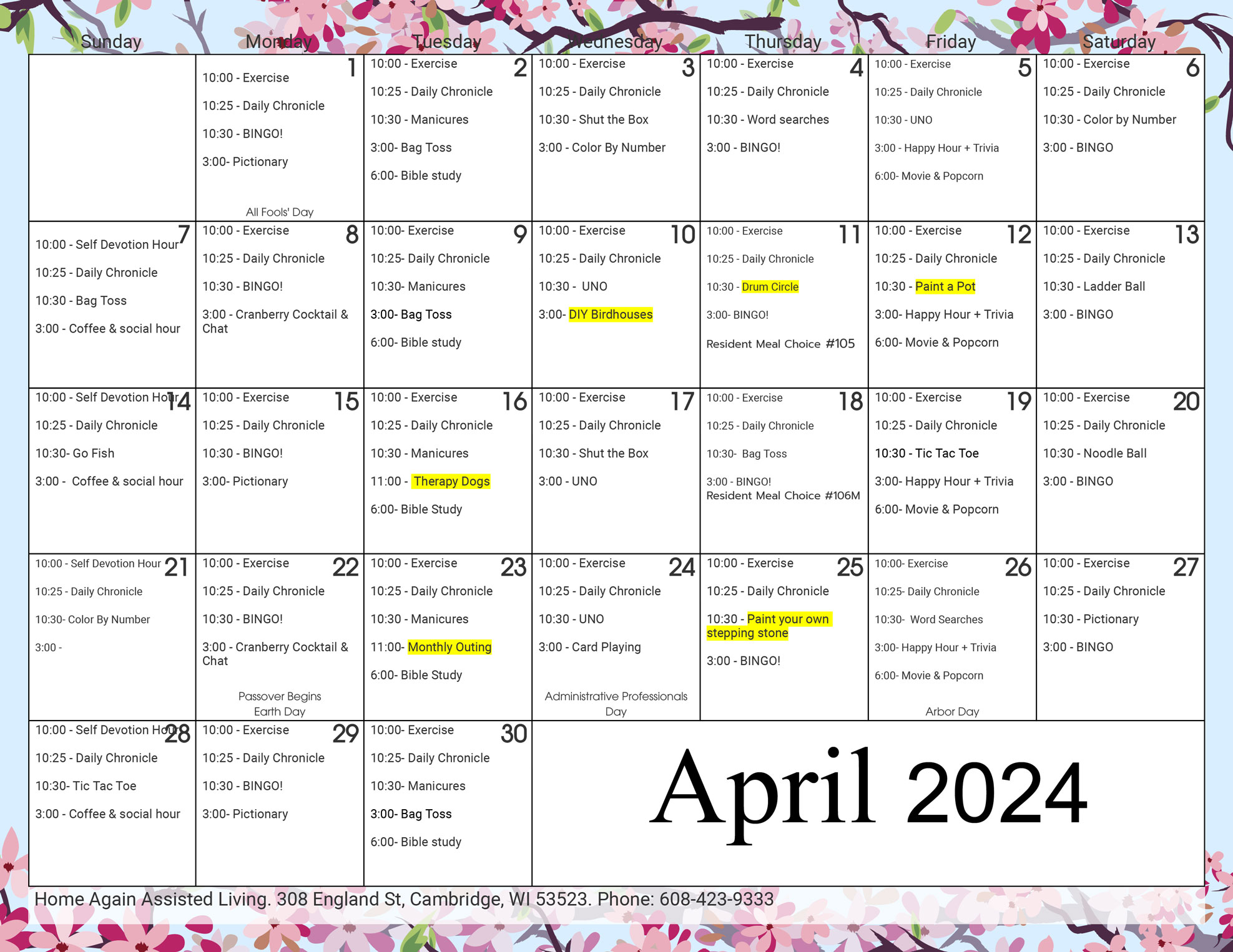 Cambridge Assisted Living April 2024 Activity Calendar