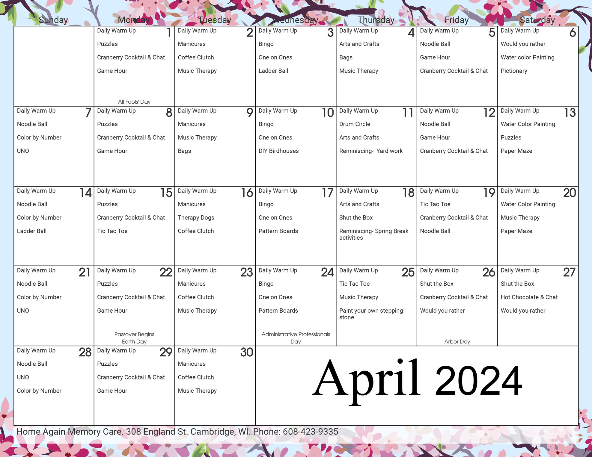 Cambridge Memory Care April 2024 Activity Calendar
