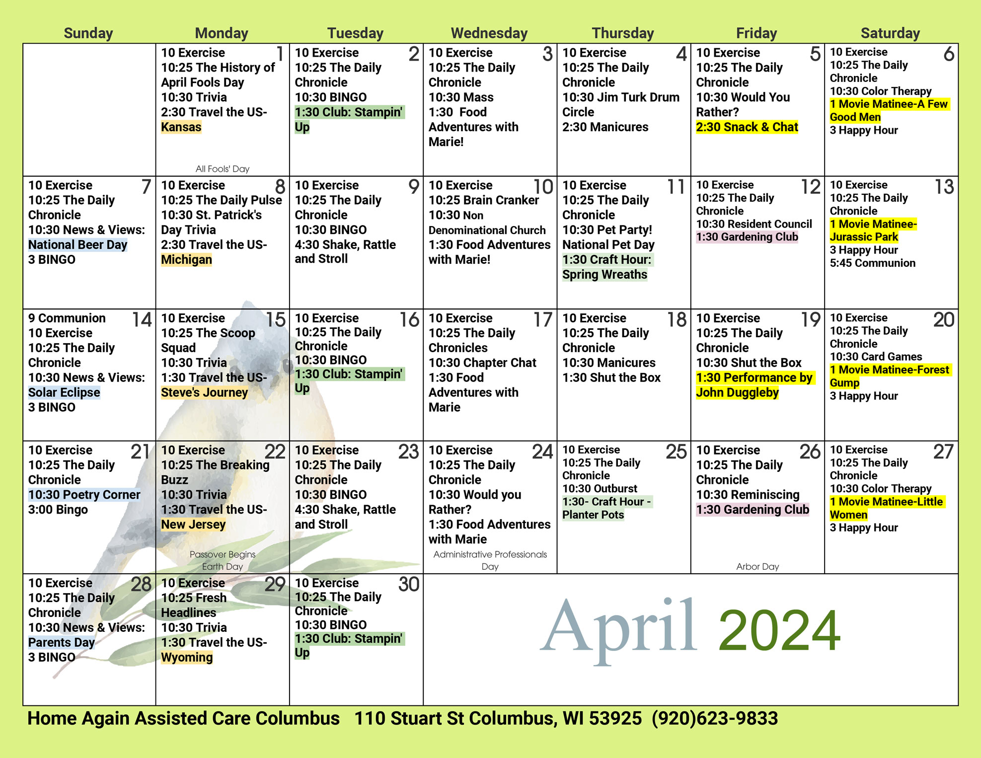Columbus Assisted Living April 2024 Activity Calendar