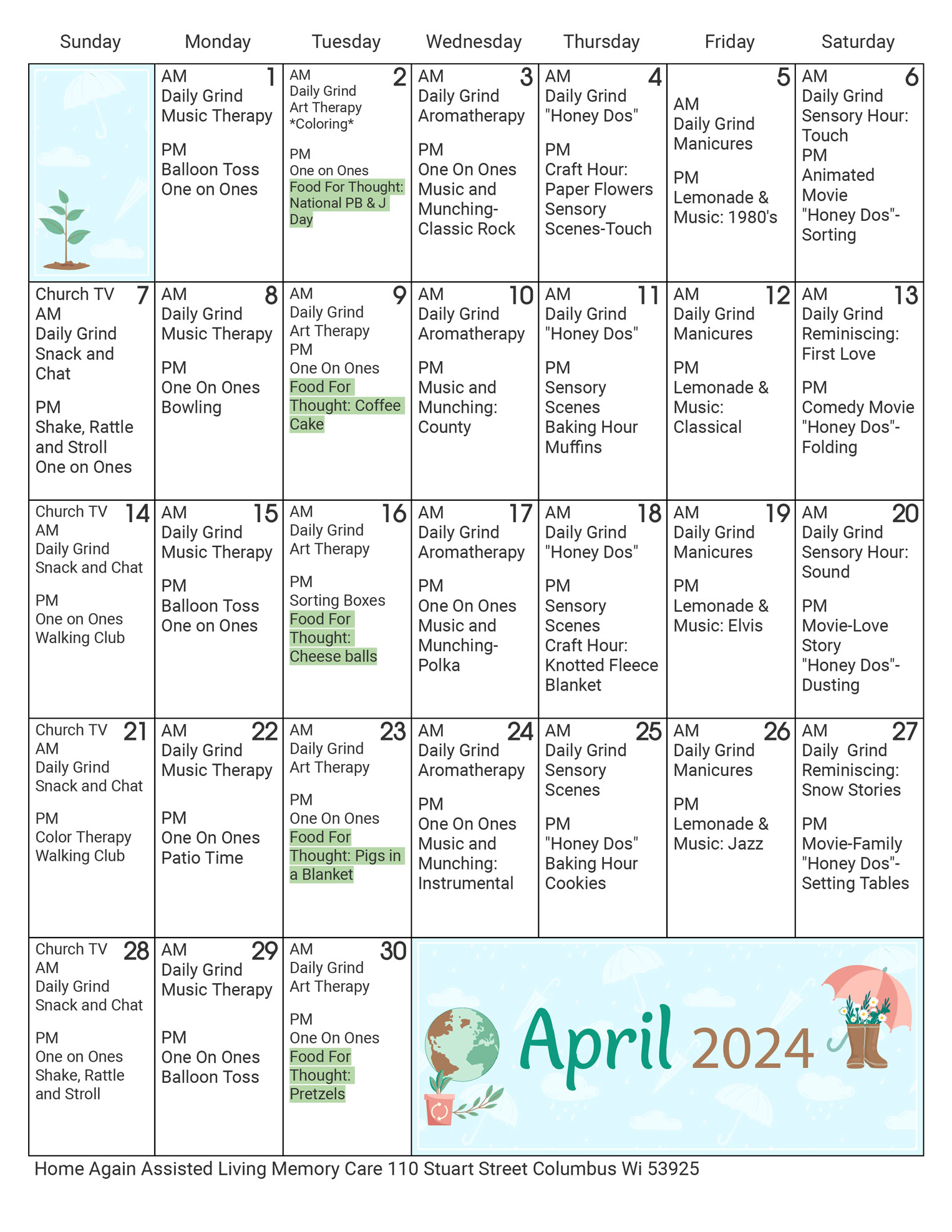 Columbus Memory Care April 2024 Activity Calendar