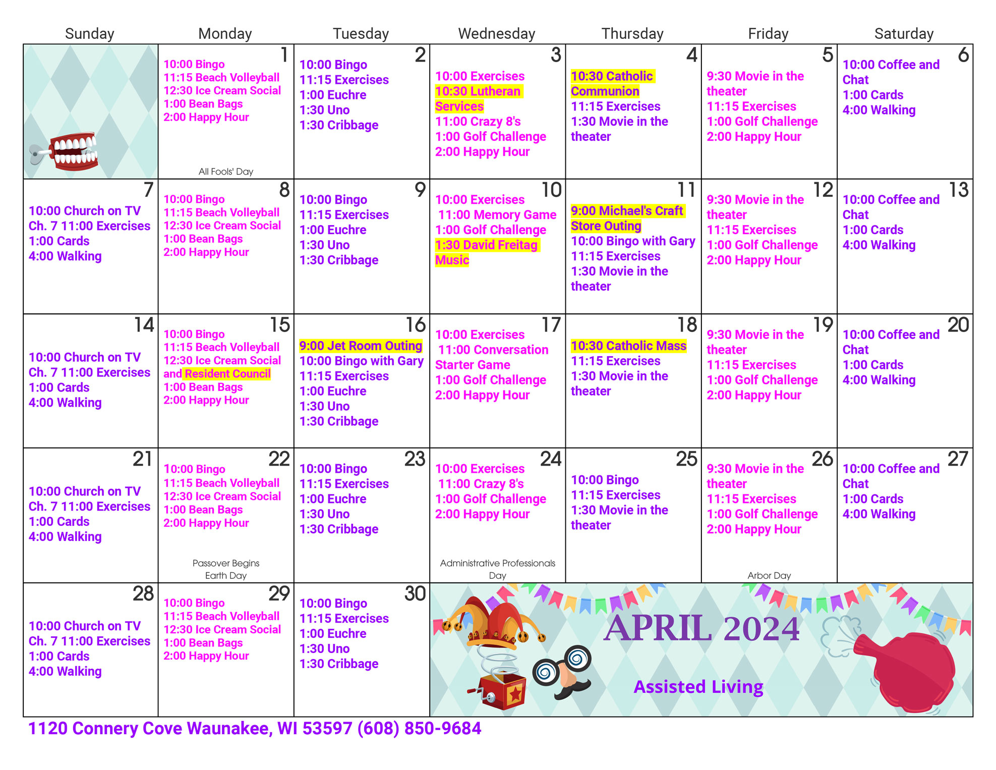 Waunakee Assisted Living April 2024 Activity Calendar