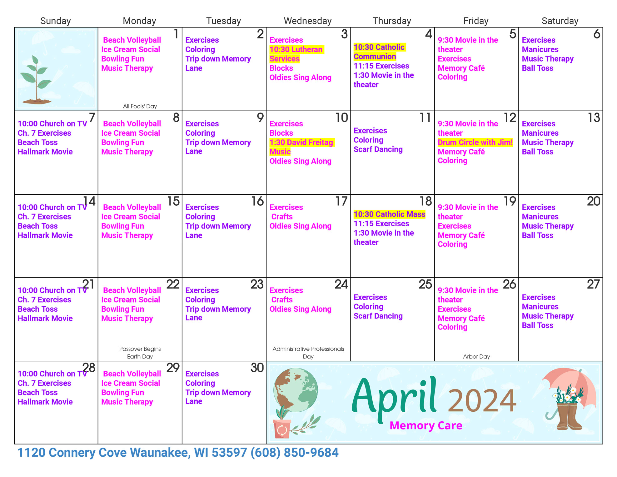 Waunakee Memory Care April 2024 Activity Calendar