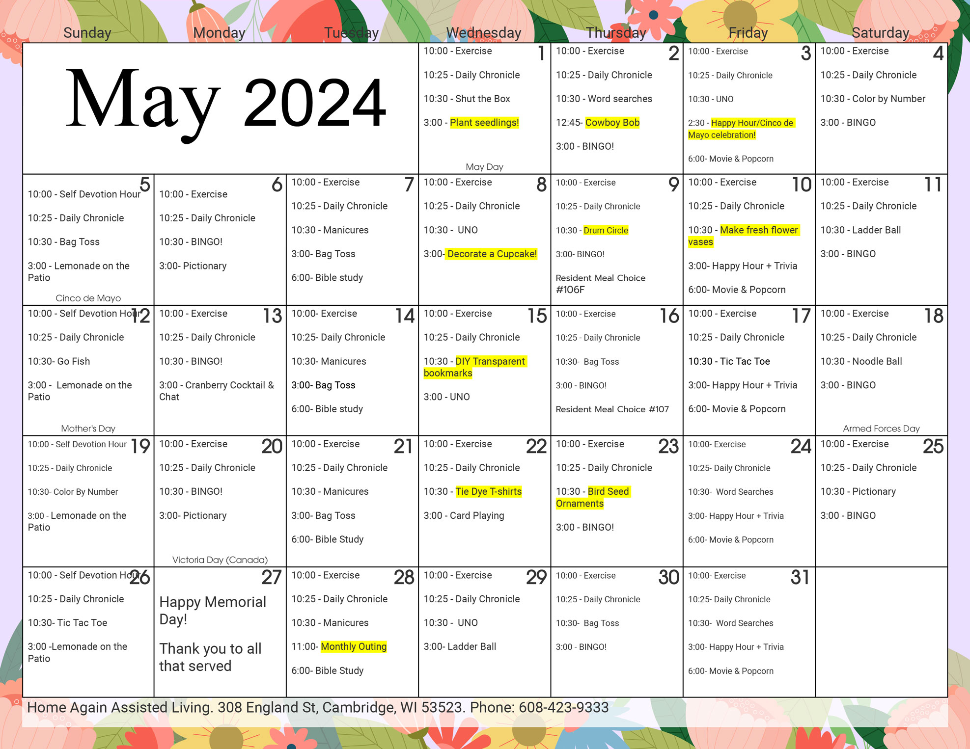 Cambridge Assisted Living May 2024 Activity Calendar
