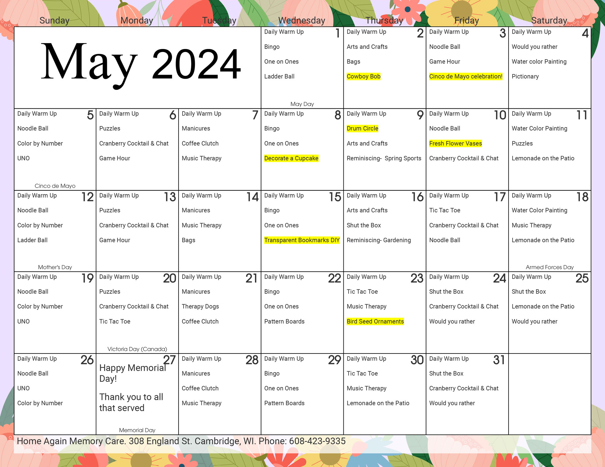 Cambridge Memory Care May 2024 Activity Calendar