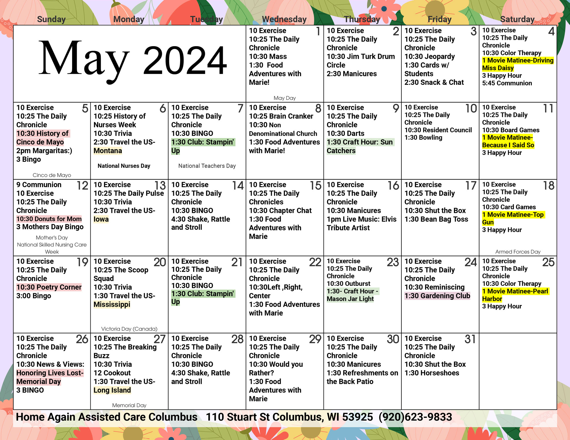 Columbus Assisted Living May 2024 Activity Calendar