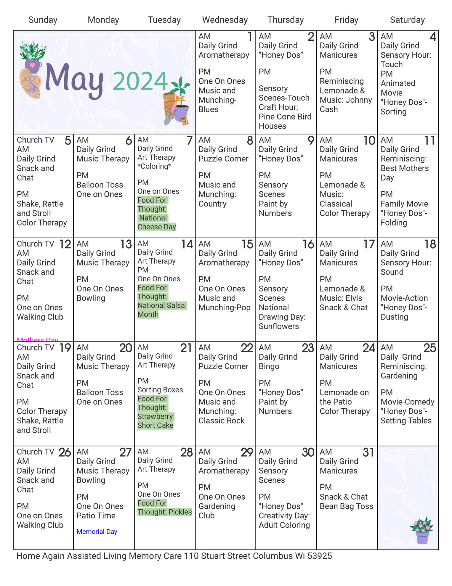 Columbus Memory Care May 2024 Activity Calendar