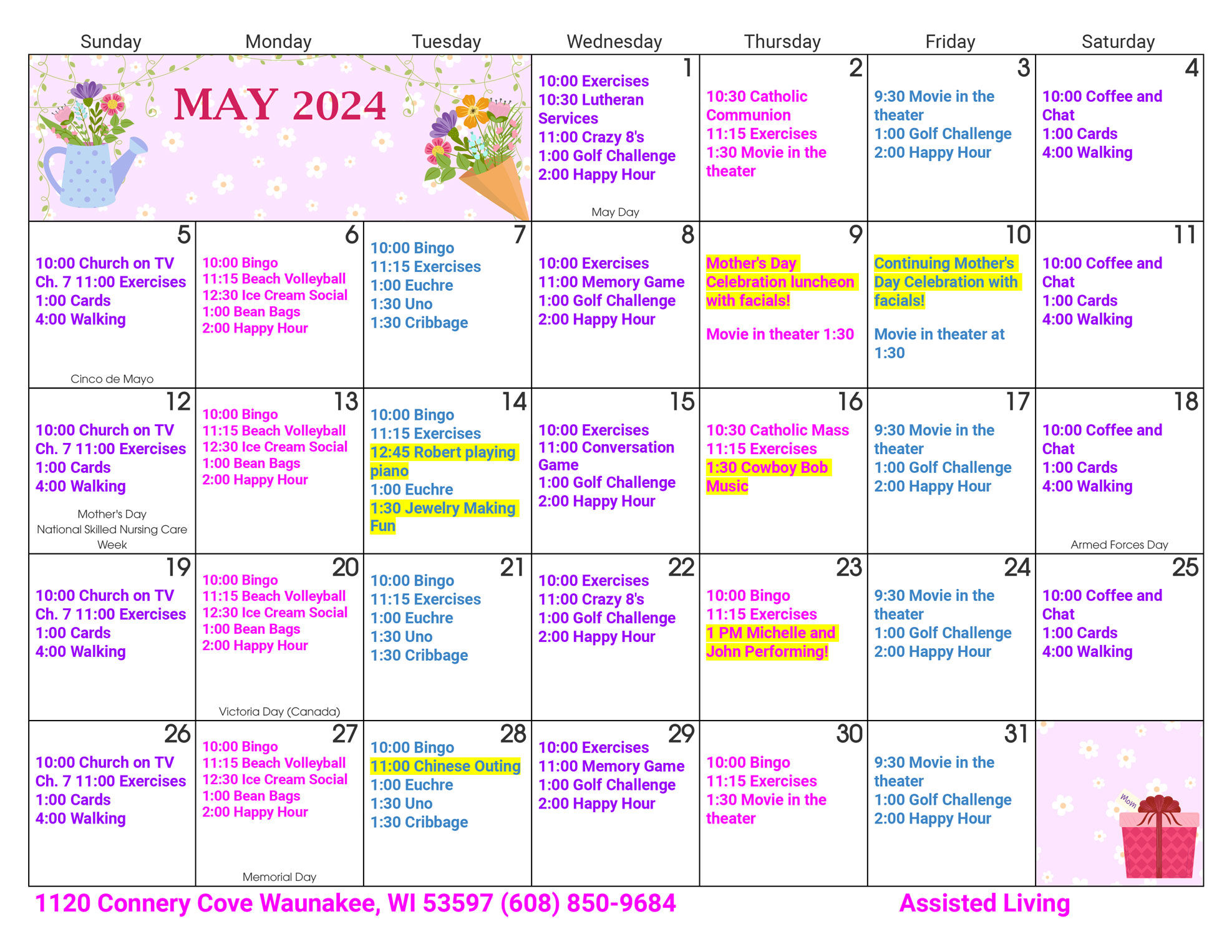 Waunakee Assisted Living May 2024 Activity Calendar