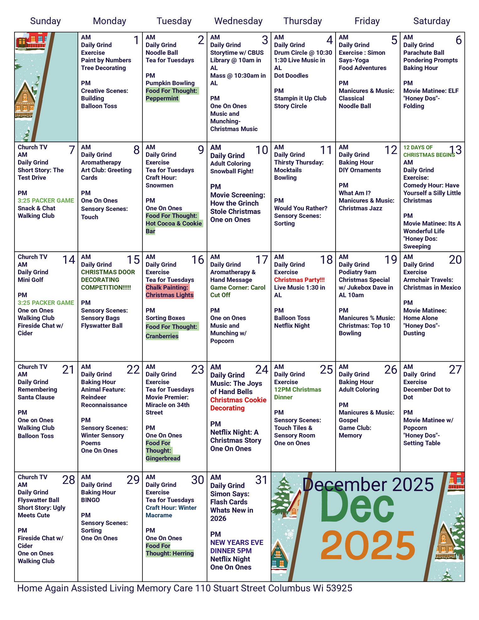 Columbus Memory Care December 2025 Activity Calendar