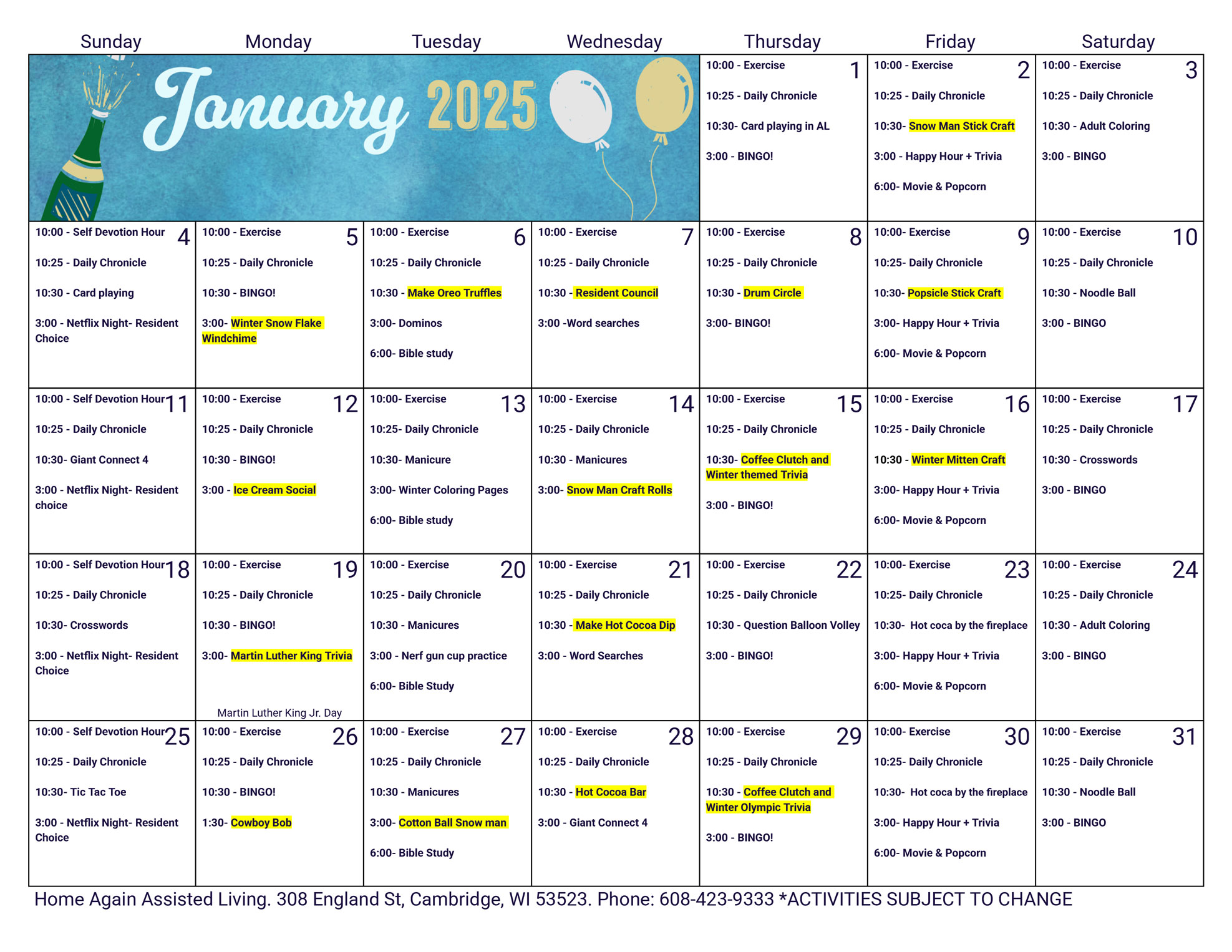 Cambridge Assisted Living January 2026 Activity Calendar