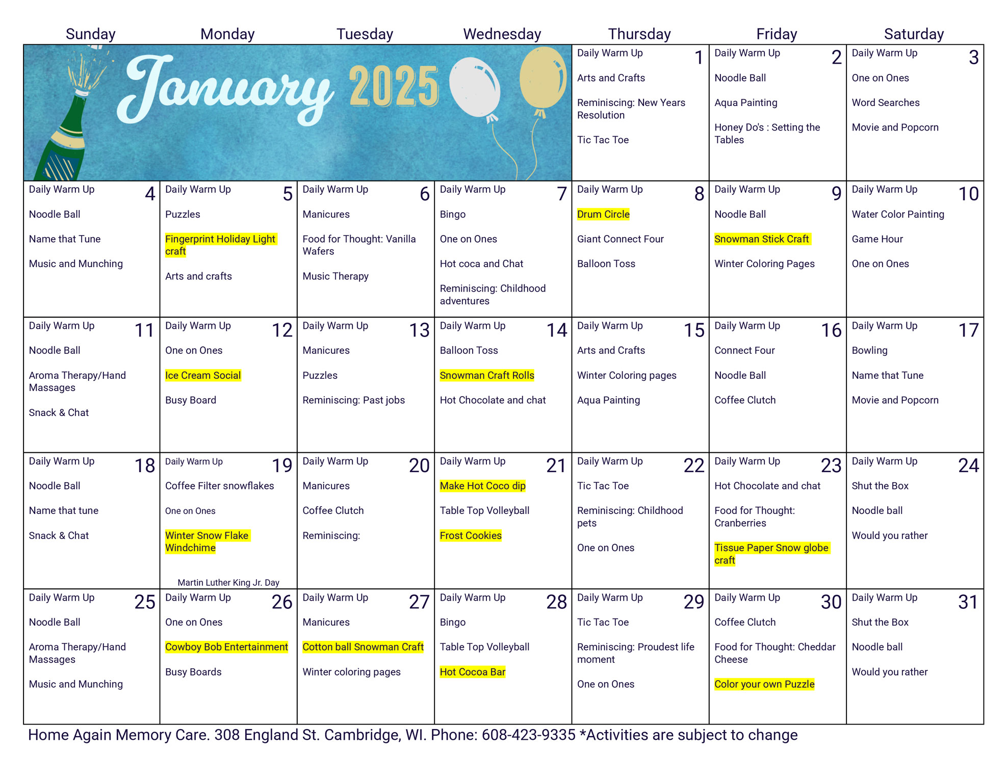 Cambridge Memory Care January 2026 Activity Calendar