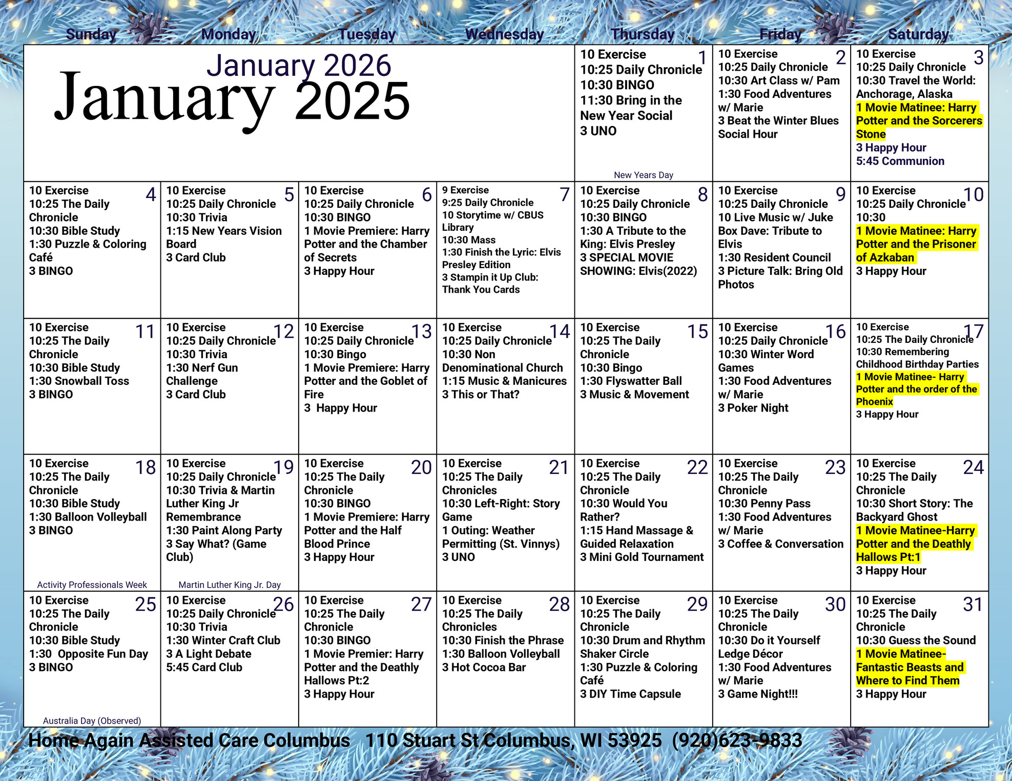Columbus Assisted Living January 2026 Activity Calendar