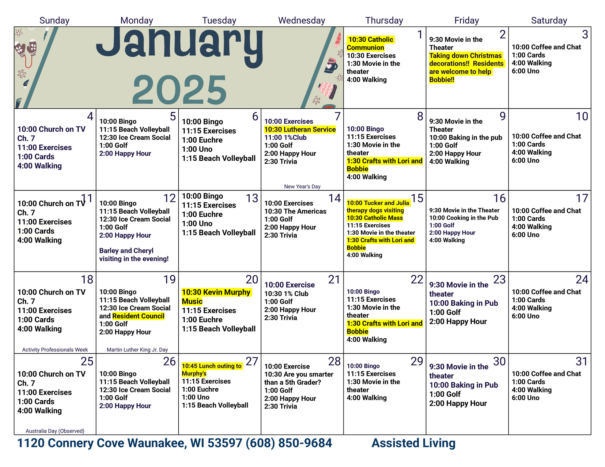 Waunakee Assisted Living January 2026 Activity Calendar