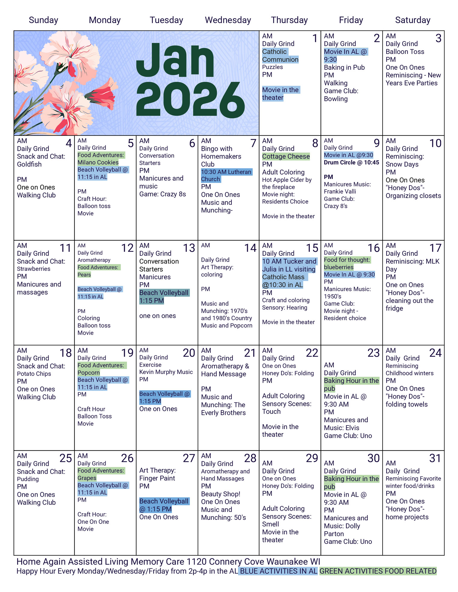 Waunakee Memory Care January 2026 Activity Calendar