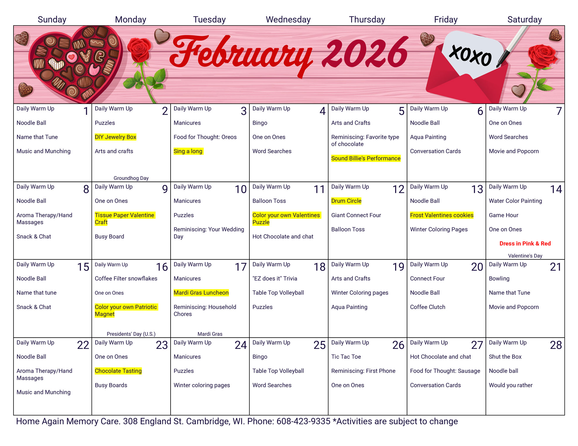 Cambridge Memory Care February 2026 Activity Calendar