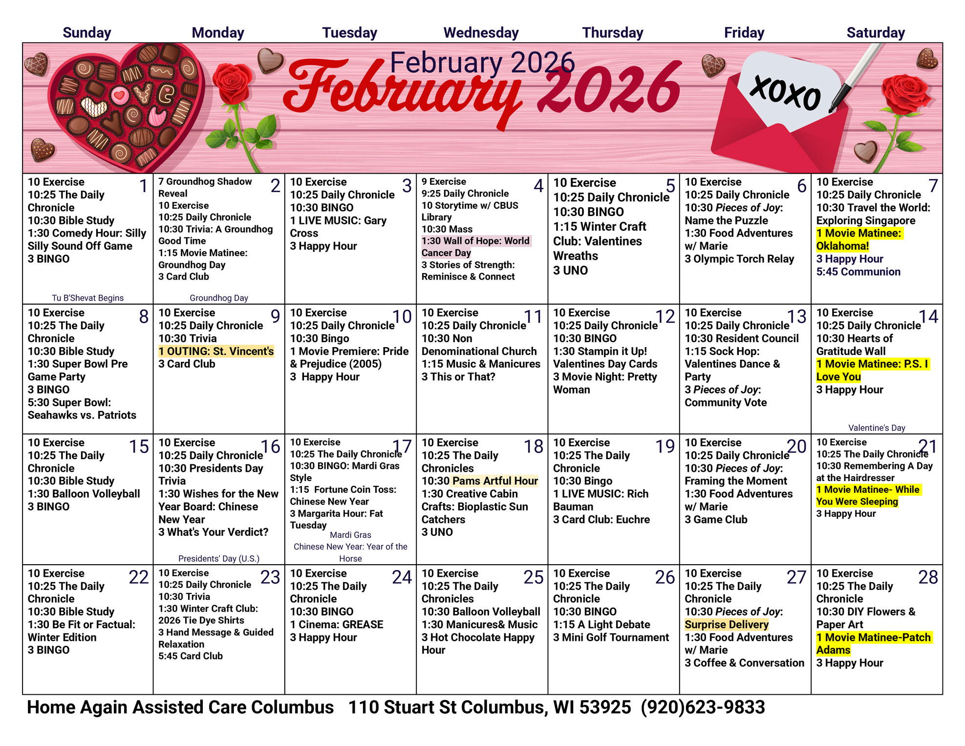 Columbus Assisted Living February 2026 Activity Calendar