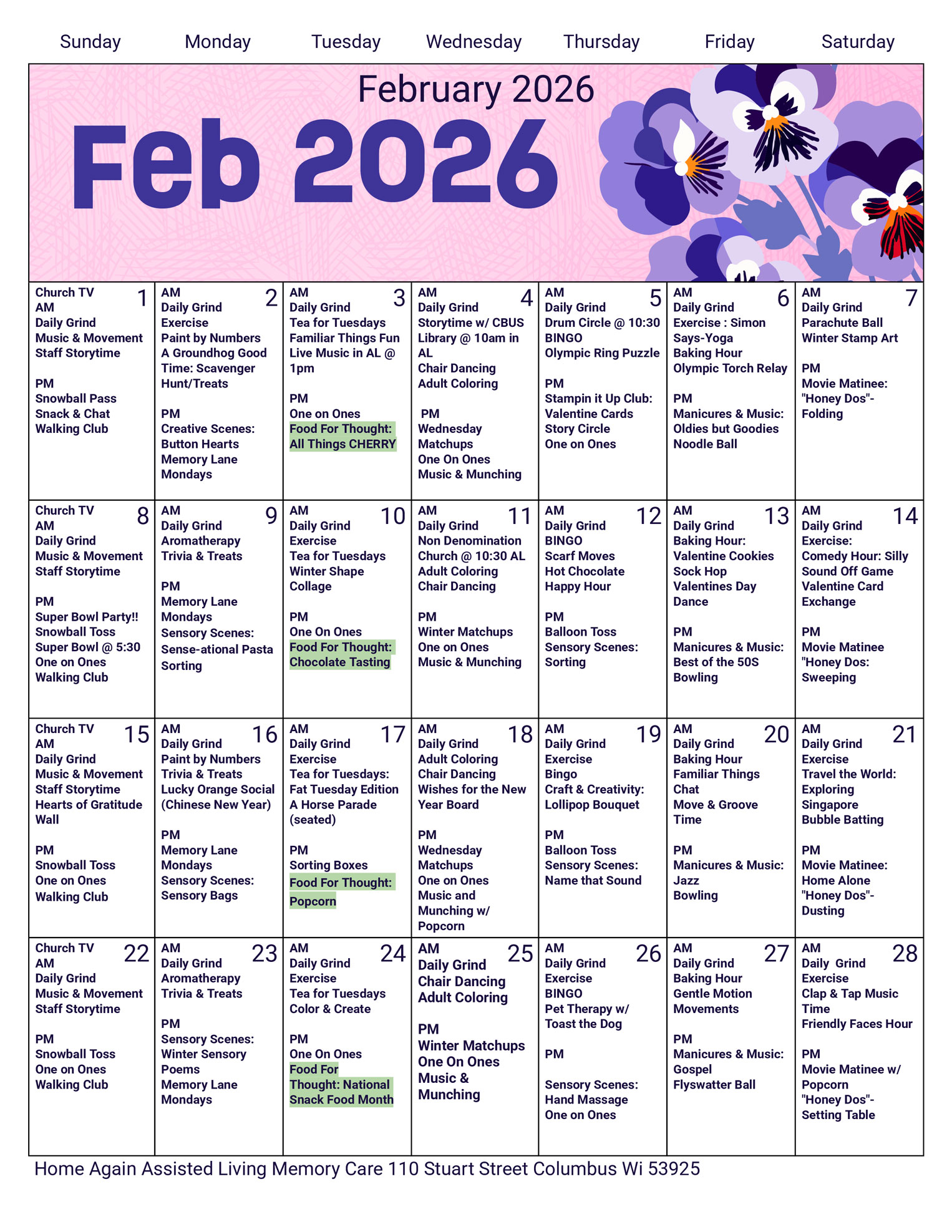 Columbus Memory Care February 2026 Activity Calendar