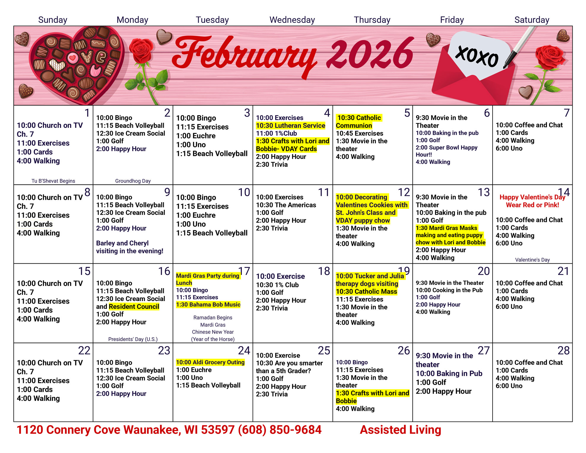 Waunakee Assisted Living February 2026 Activity Calendar