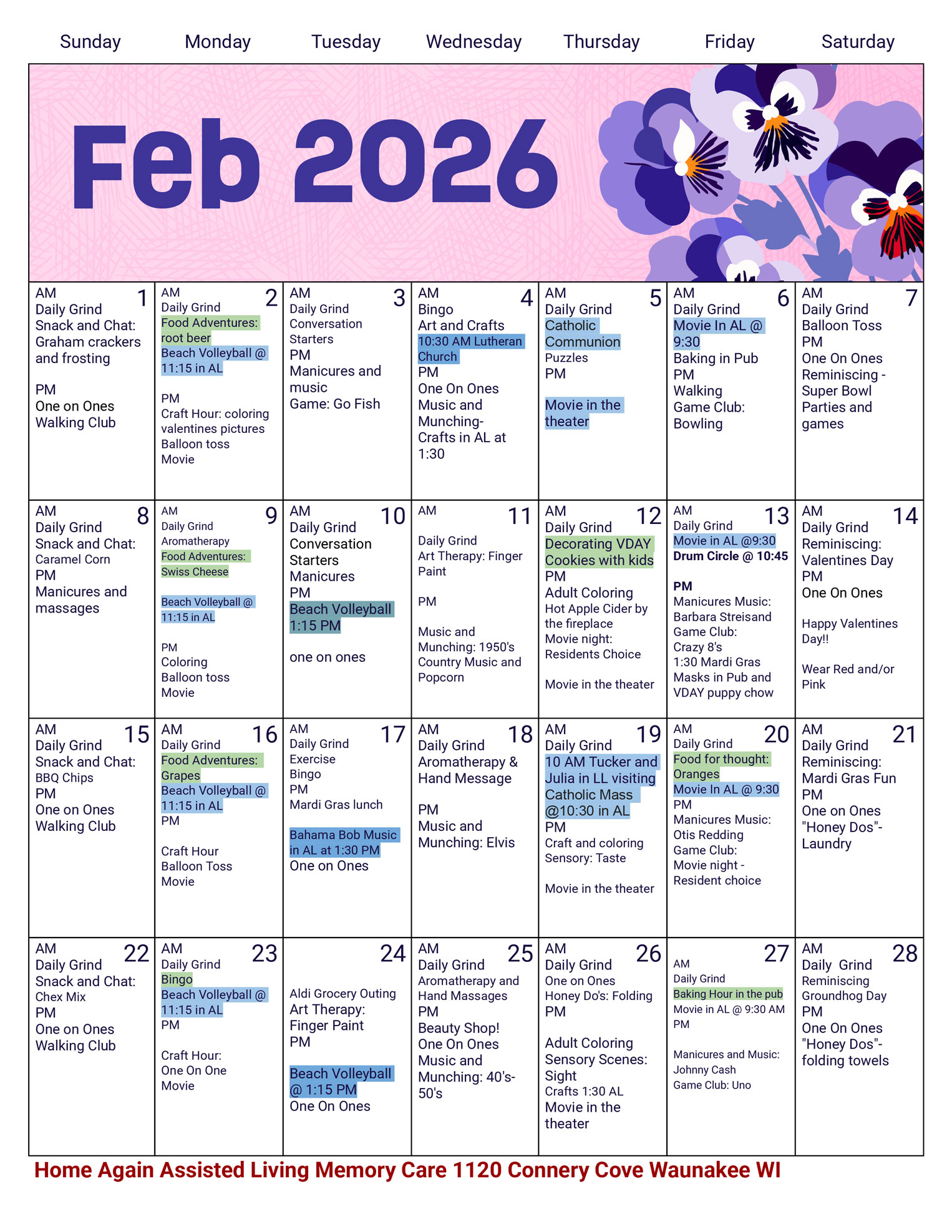 Waunakee Memory Care February 2026 Activity Calendar