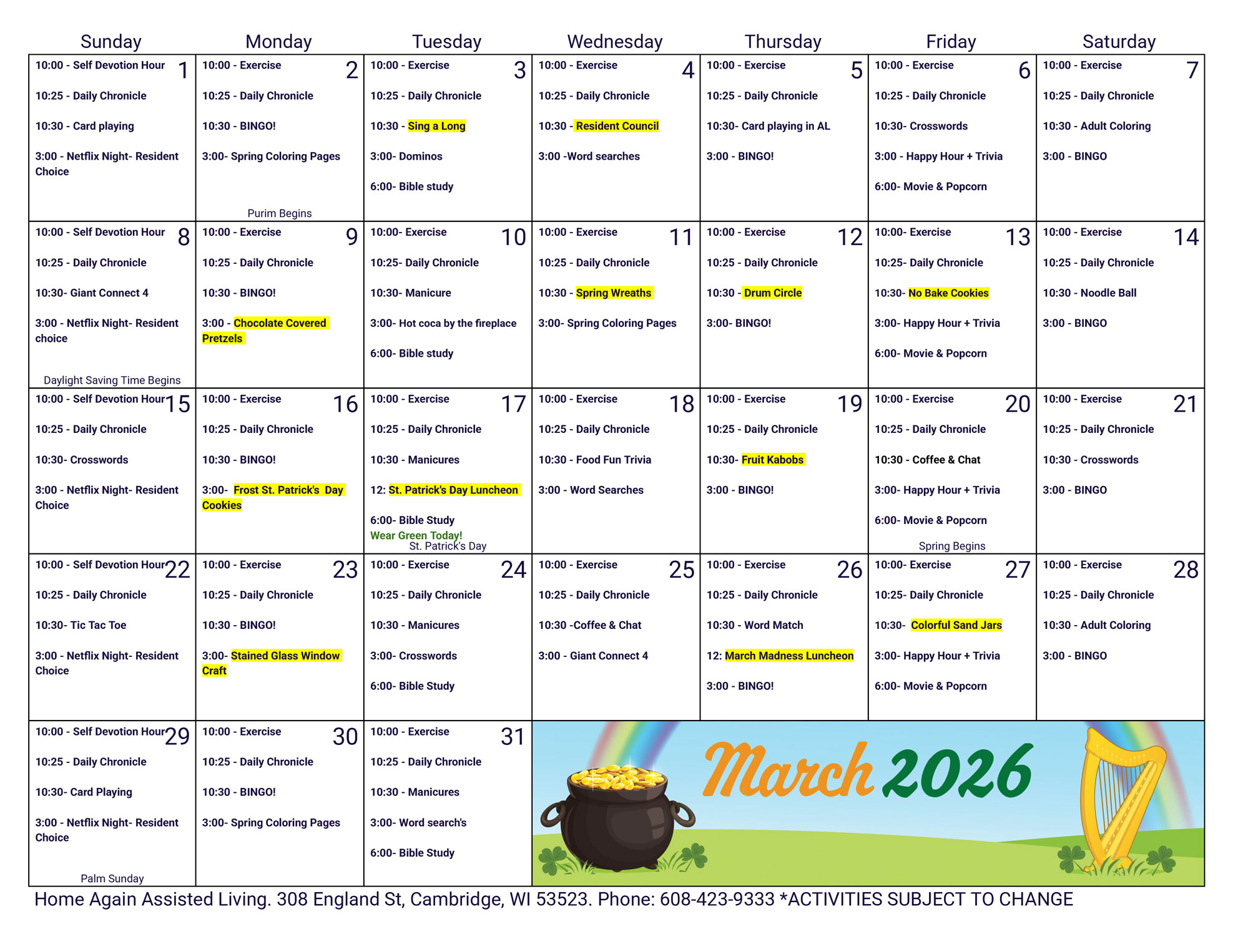 Cambridge Assisted Living March 2026 Activity Calendar