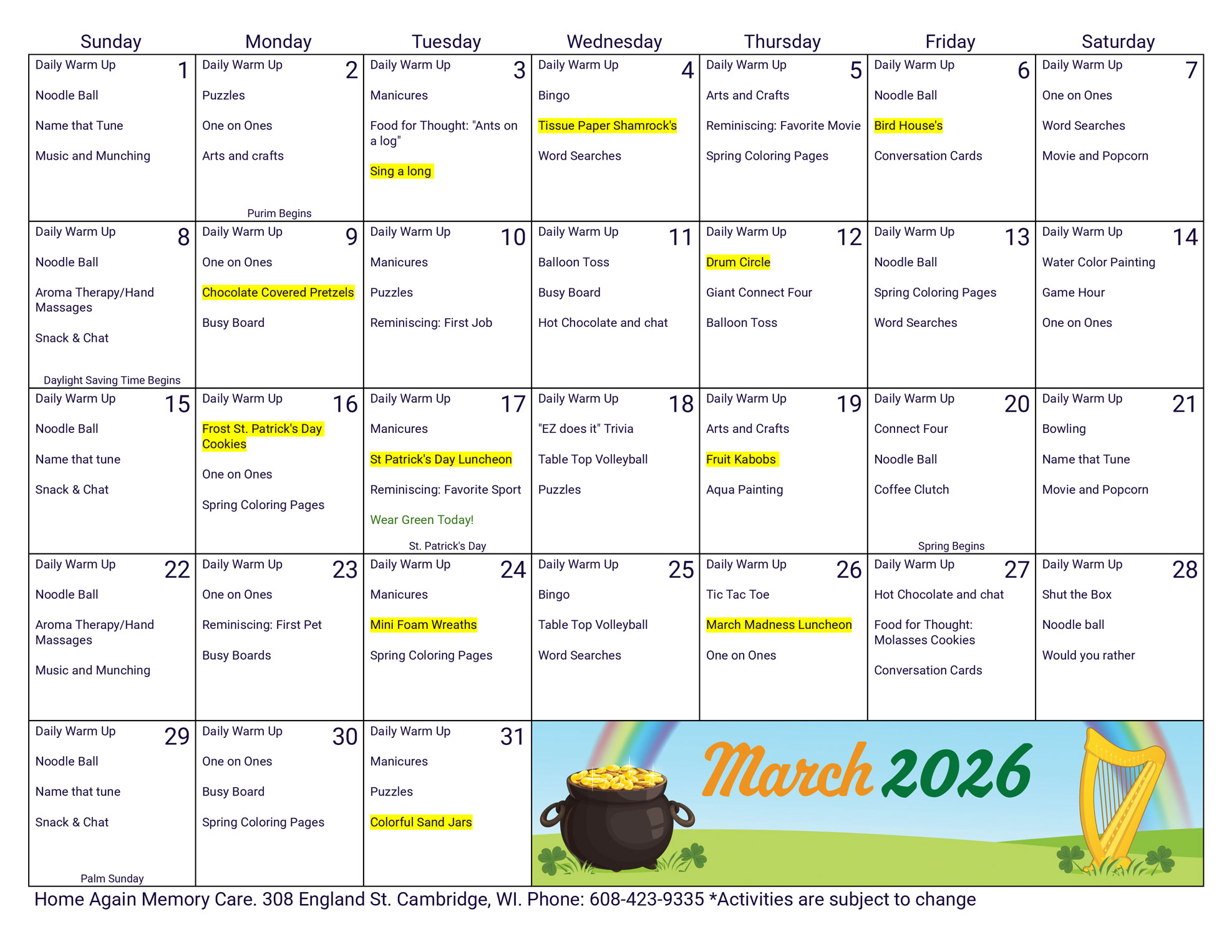 Cambridge Memory Care March 2026 Activity Calendar