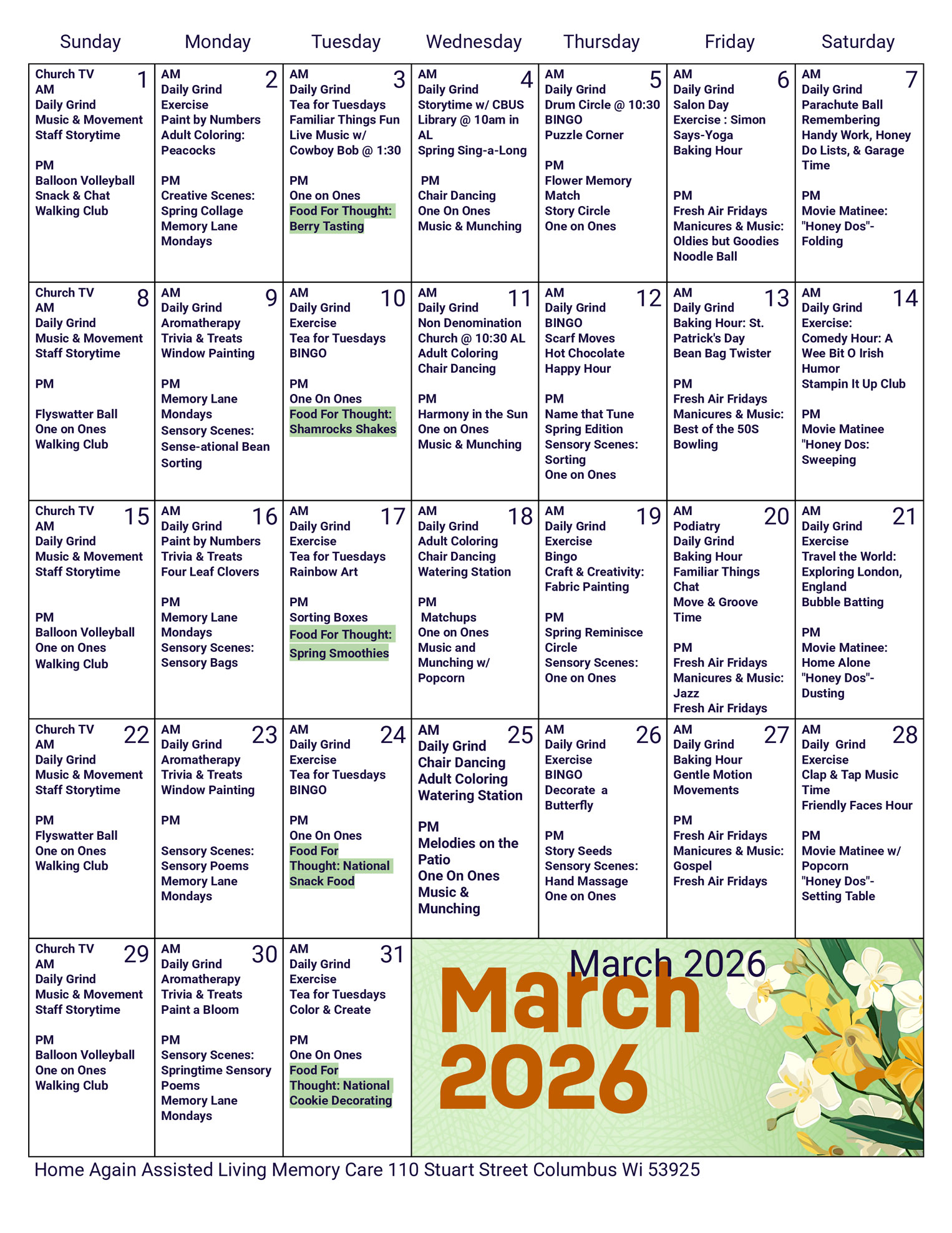 Columbus Memory Care March 2026 Activity Calendar