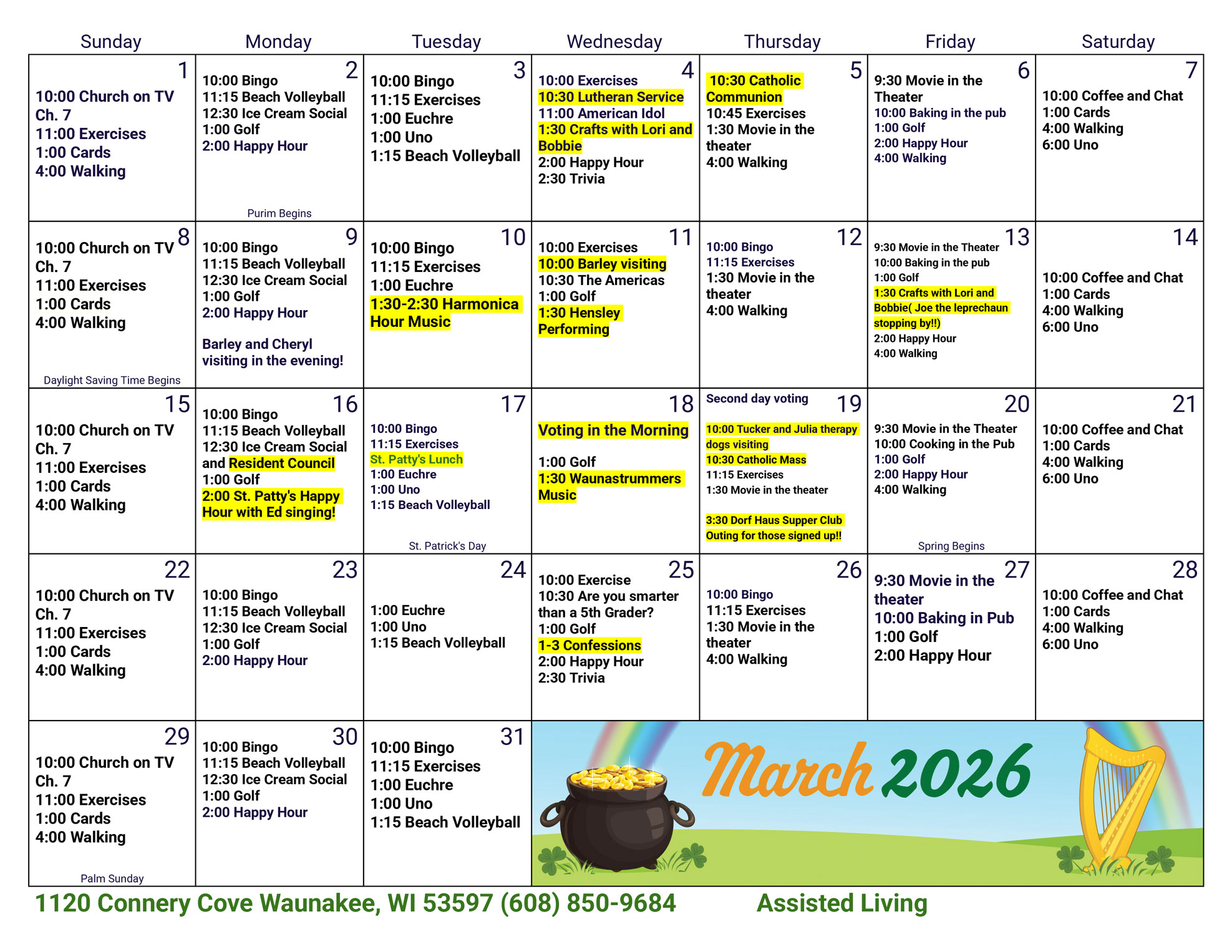 Waunakee Assisted Living March 2026 Activity Calendar