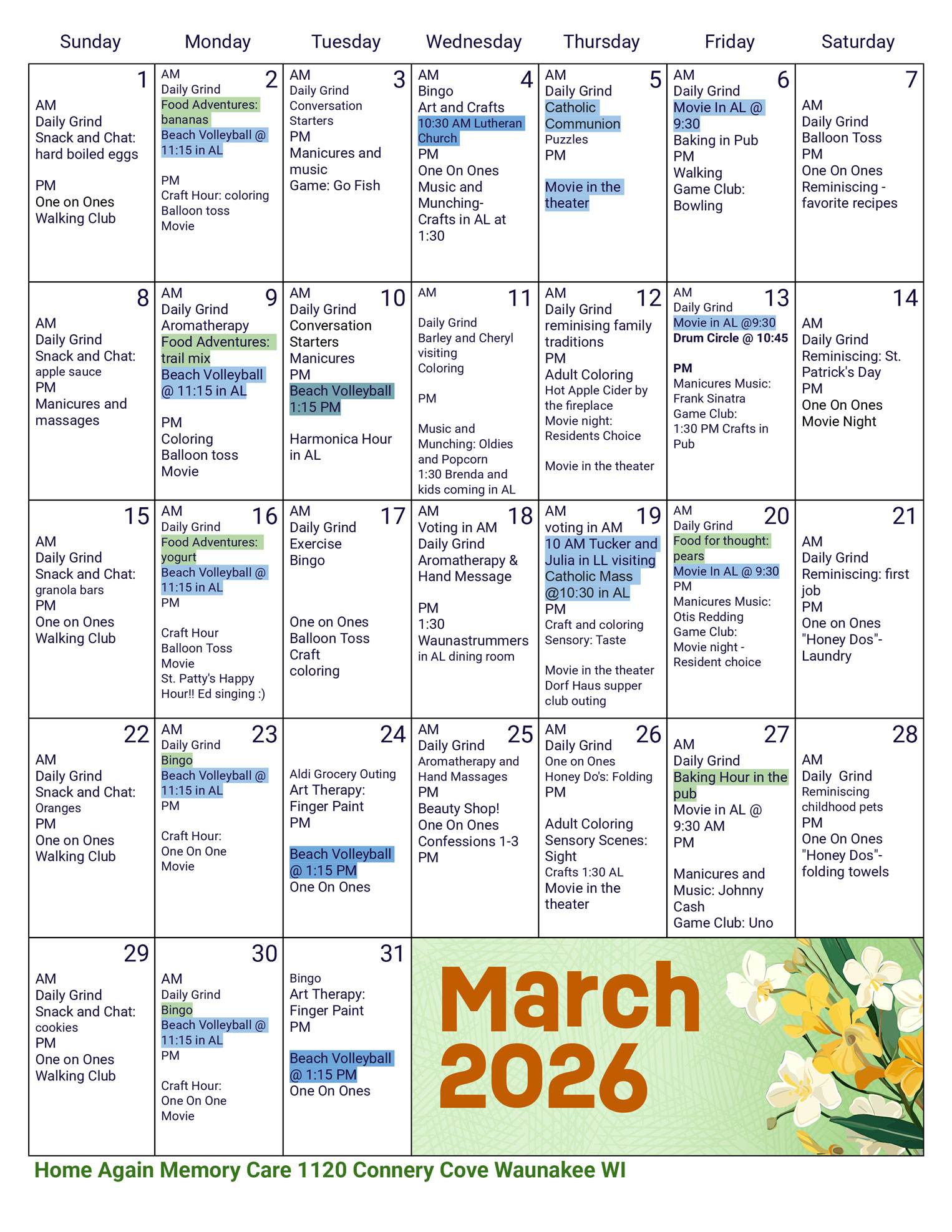 Waunakee Memory Care March 2026 Activity Calendar