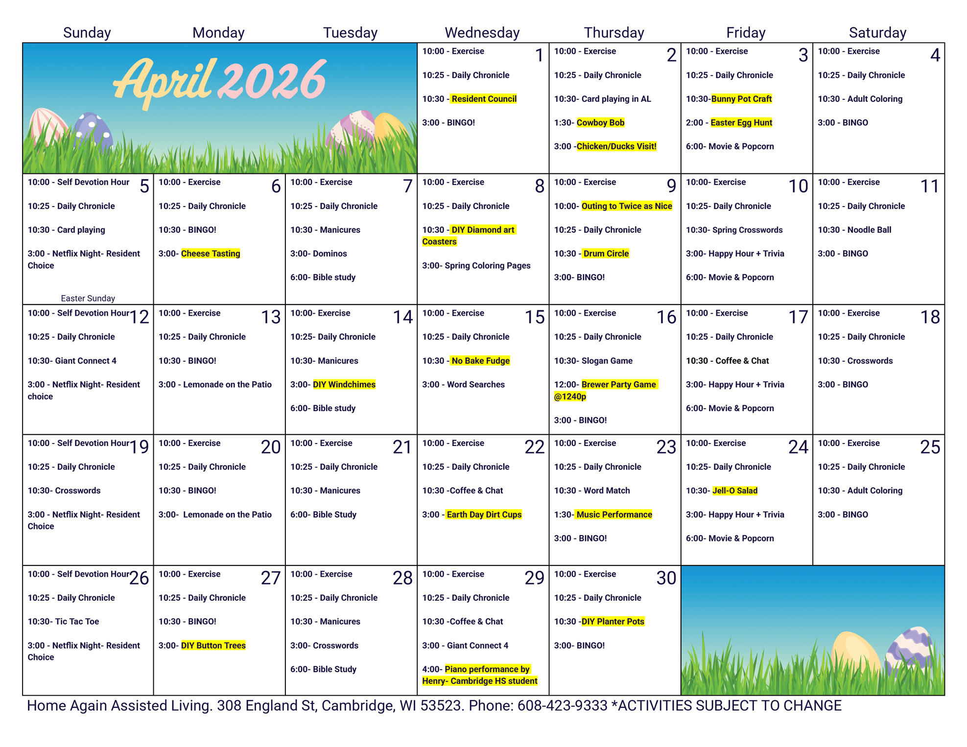 Cambridge Assisted Living April 2026 Activity Calendar