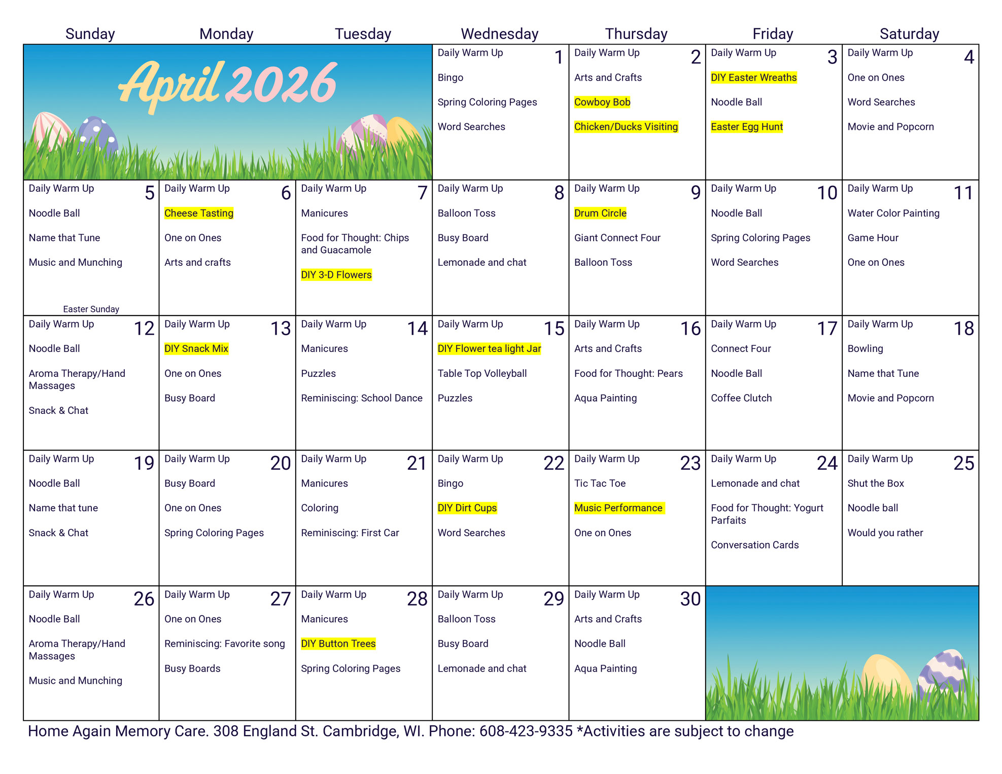 Cambridge Memory Care April 2026 Activity Calendar