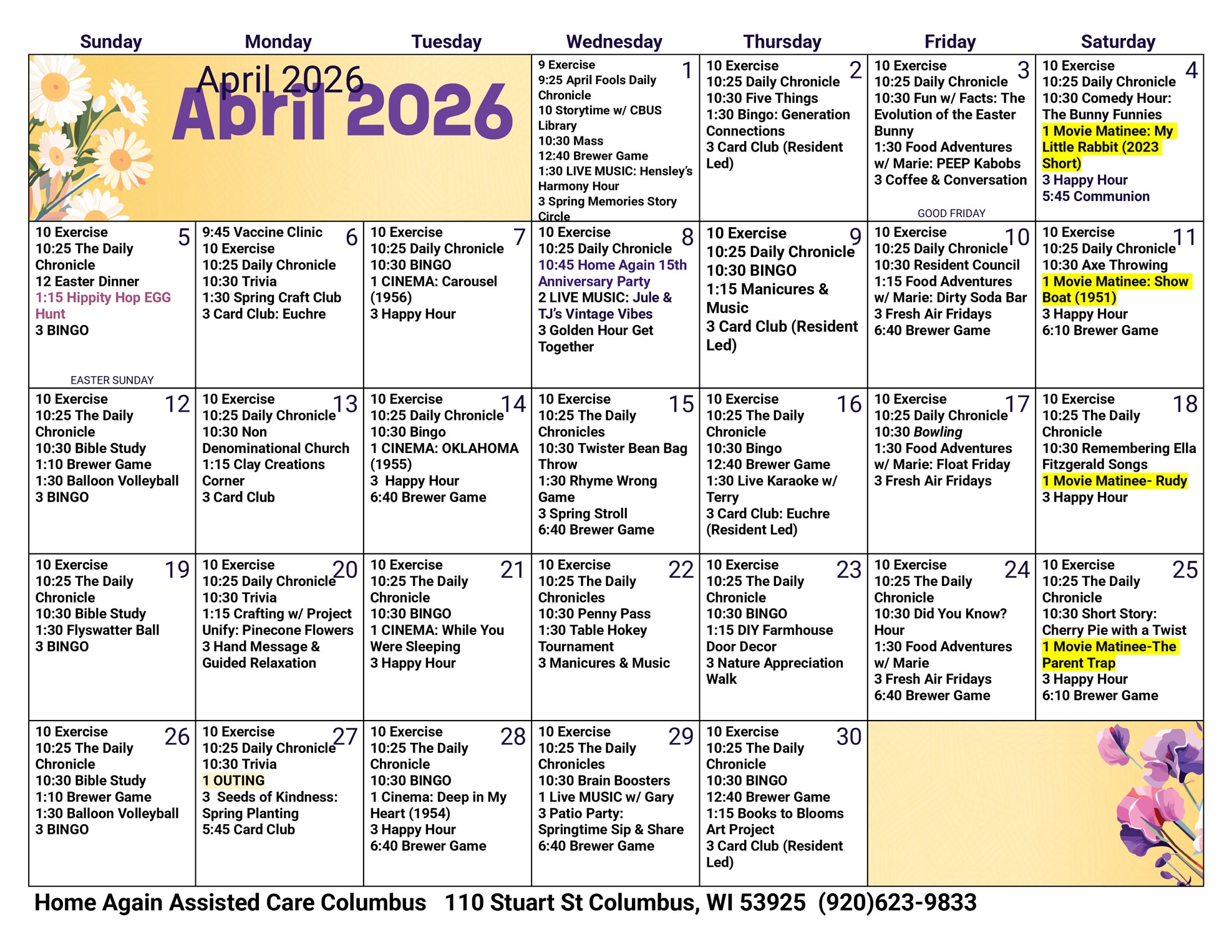 Columbus Assisted Living April 2026 Activity Calendar