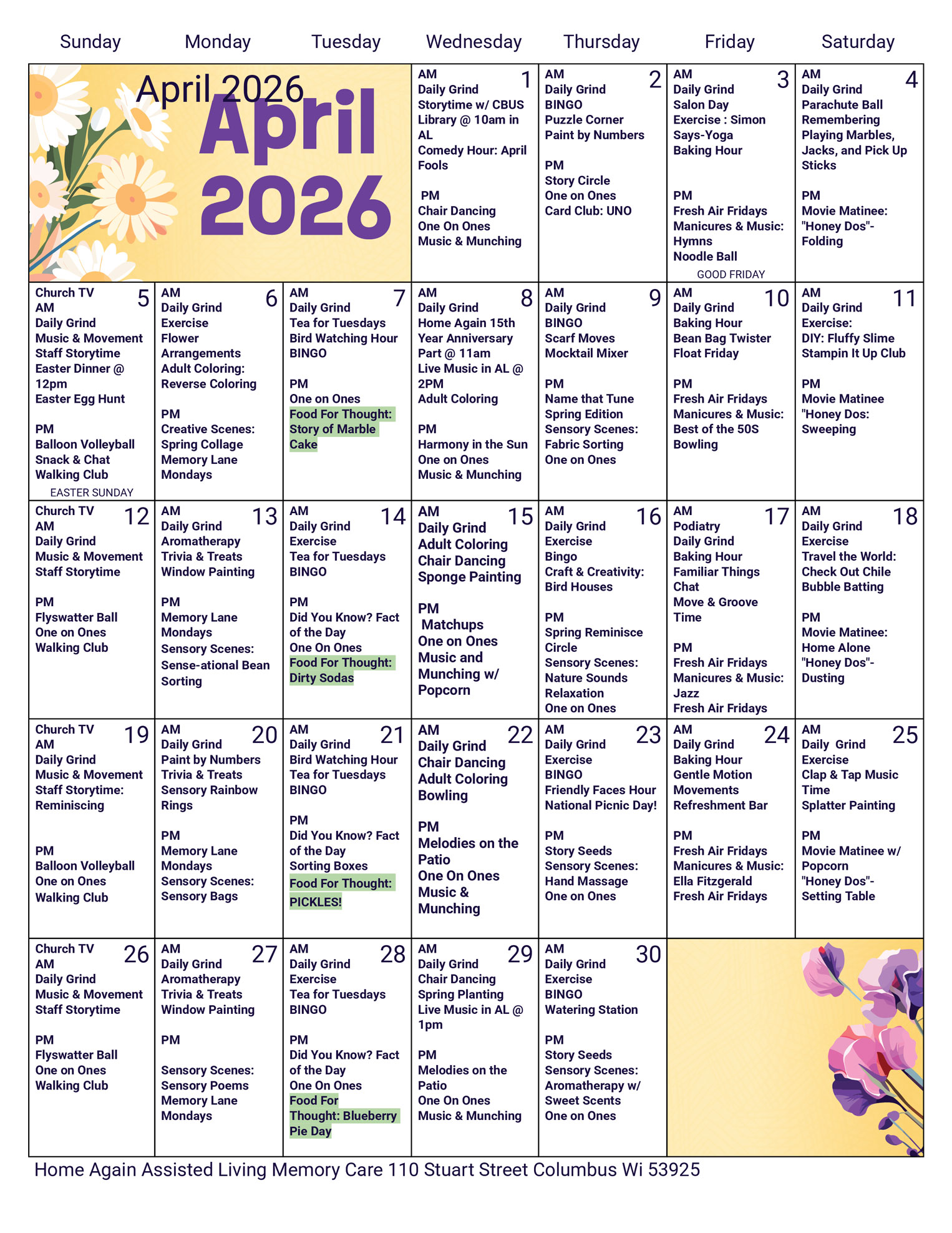 Columbus Memory Care April 2026 Activity Calendar