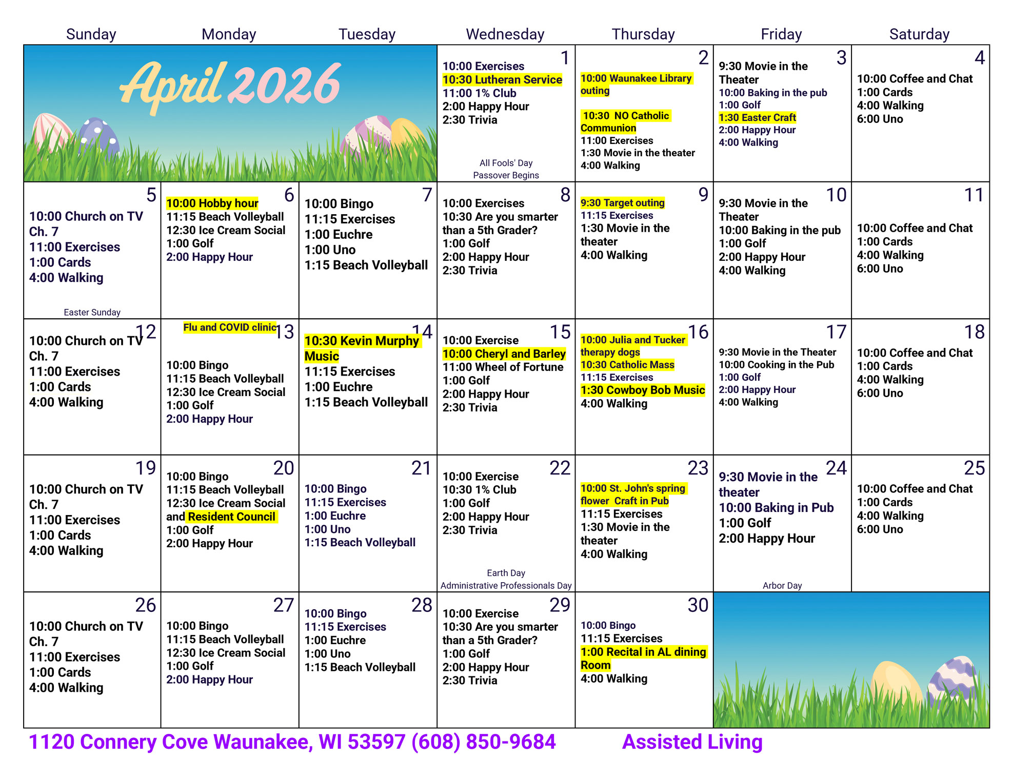 Waunakee Assisted Living April 2026 Activity Calendar