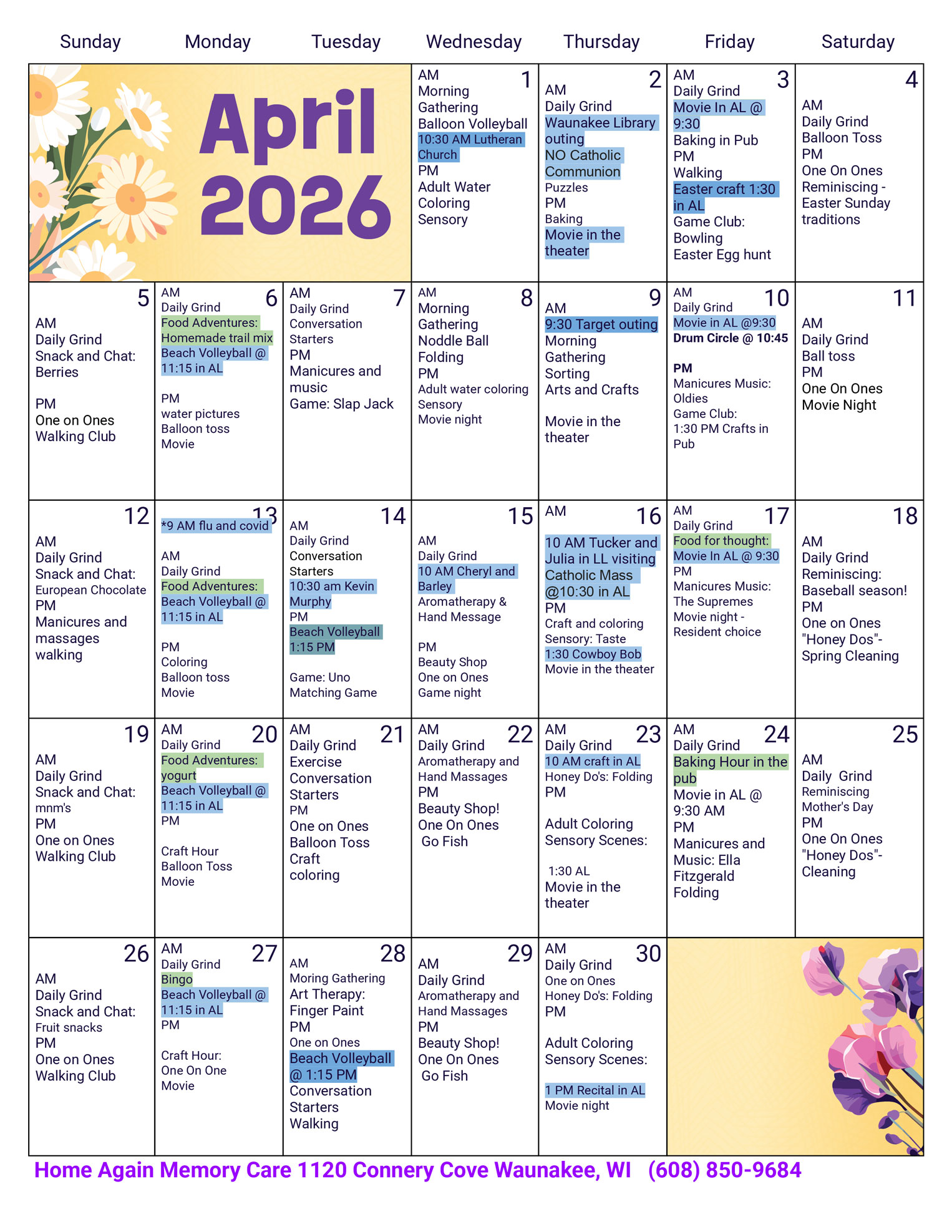 Waunakee Memory Care April 2026 Activity Calendar