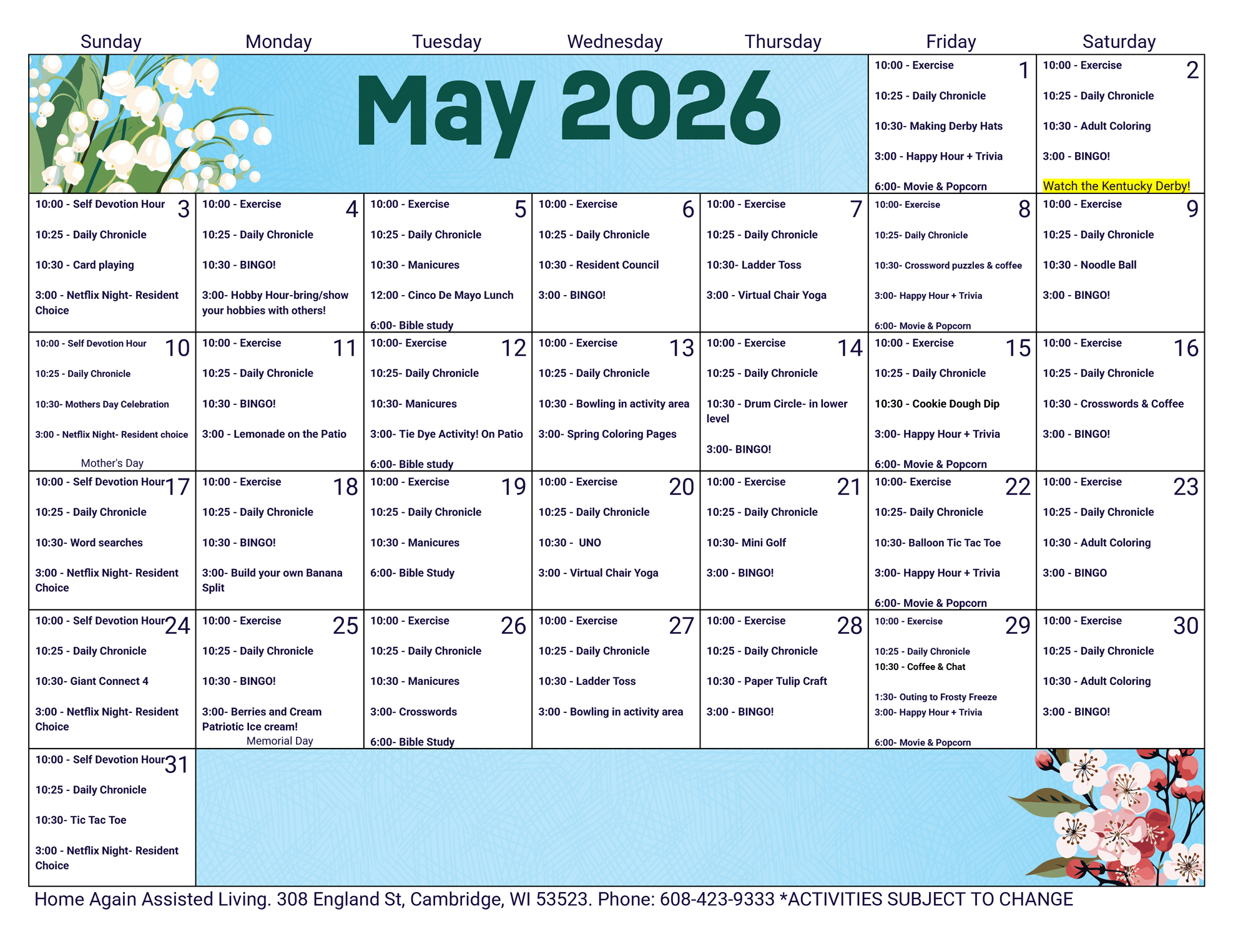 Cambridge Assisted Living May 2026 Activity Calendar