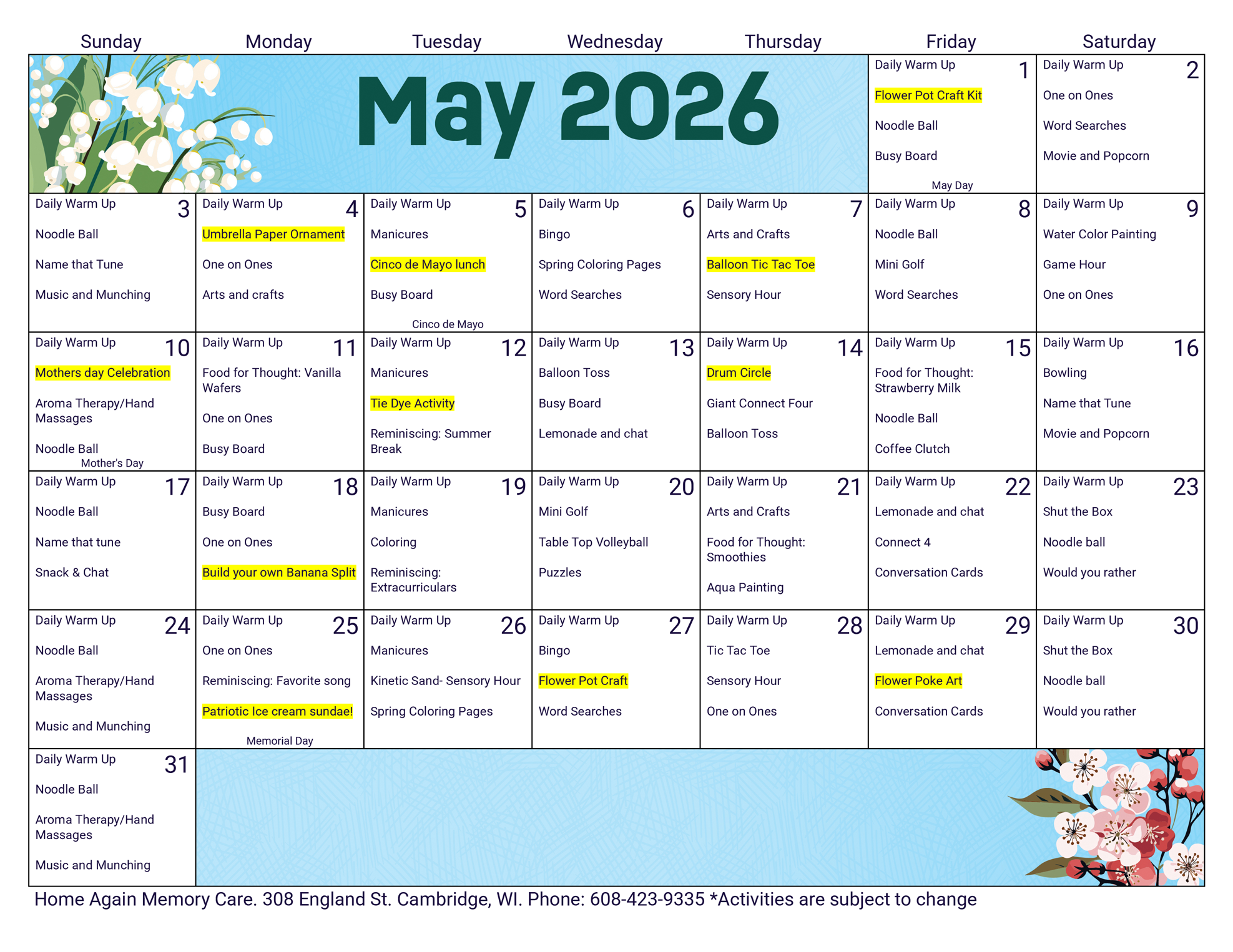 Cambridge Memory Care May 2026 Activity Calendar