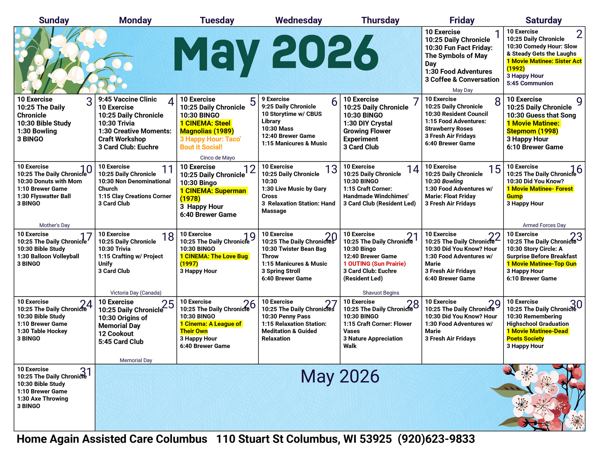 Columbus Assisted Living May 2026 Activity Calendar