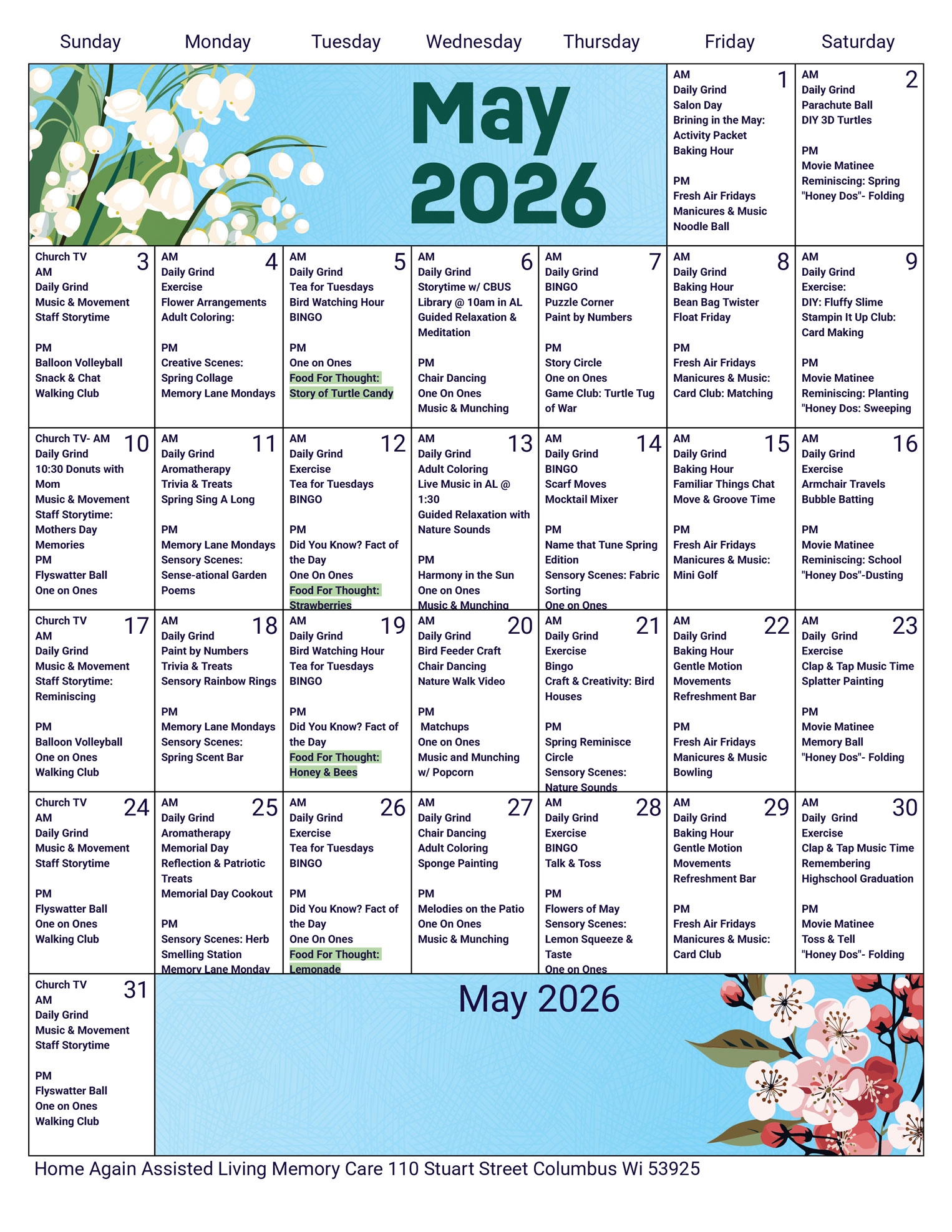 Columbus Memory Care May 2026 Activity Calendar
