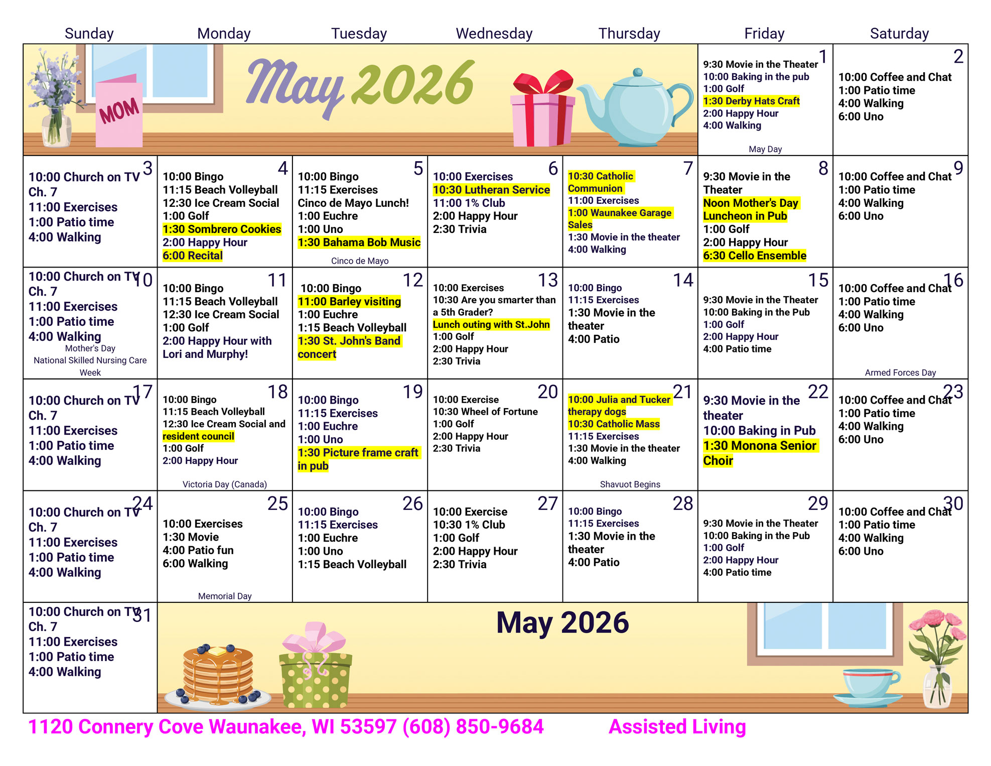Waunakee Assisted Living May 2026 Activity Calendar