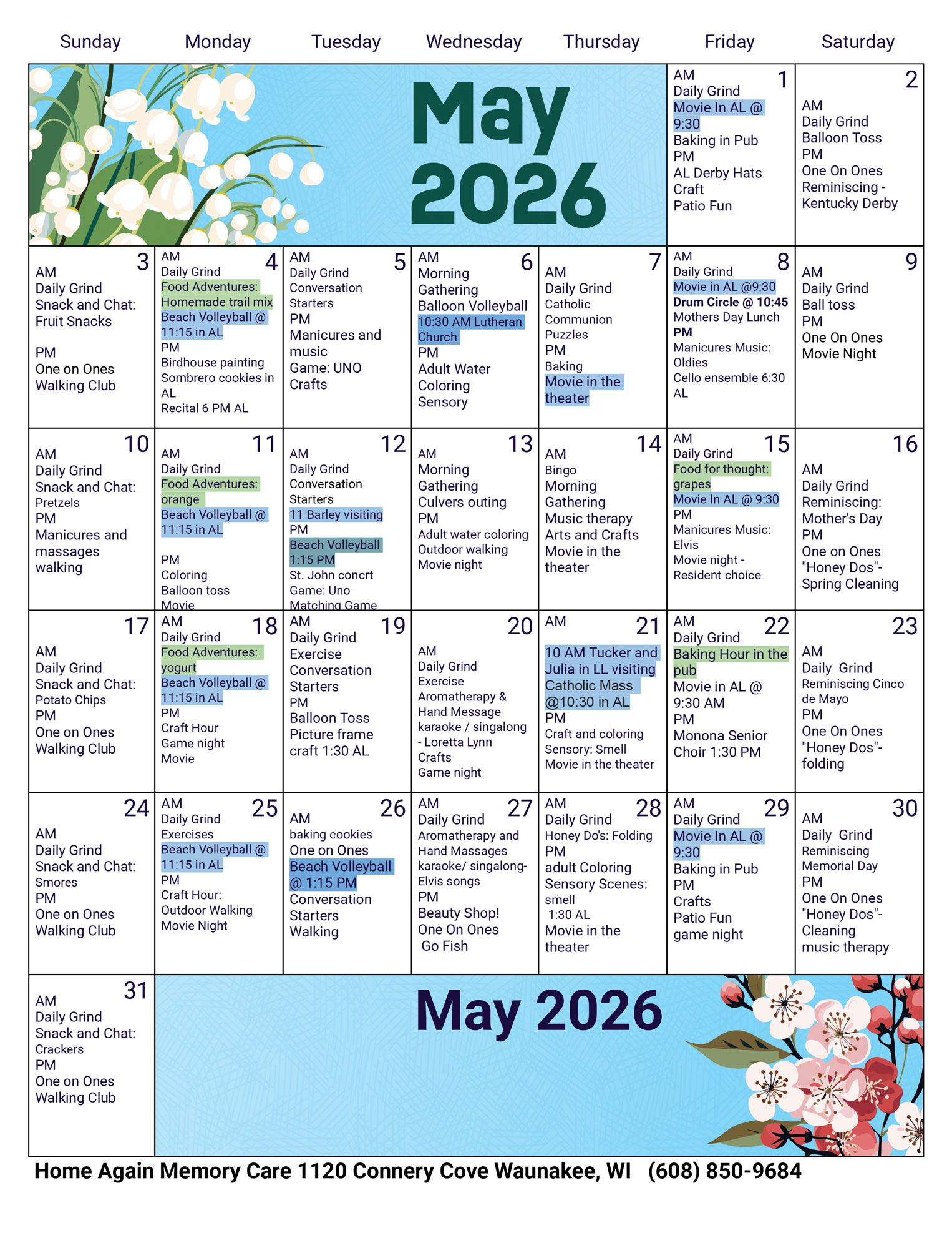 Waunakee Memory Care May 2026 Activity Calendar
