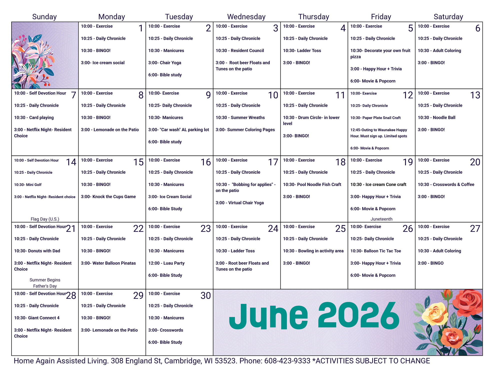 Cambridge Assisted Living June 2026 Activity Calendar