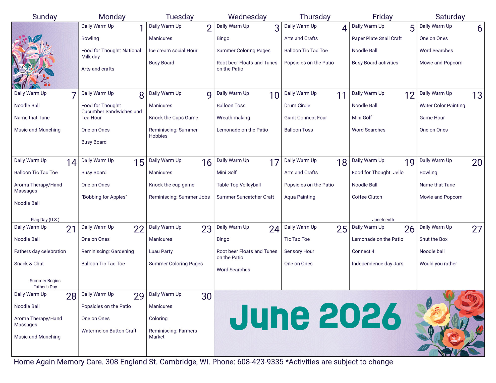 Cambridge Memory Care June 2026 Activity Calendar