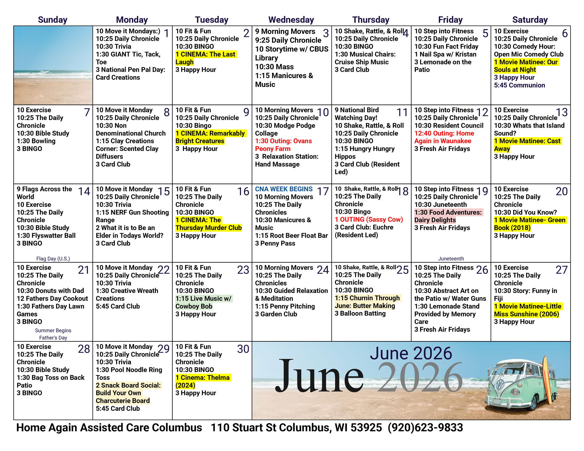 Columbus Assisted Living June 2026 Activity Calendar