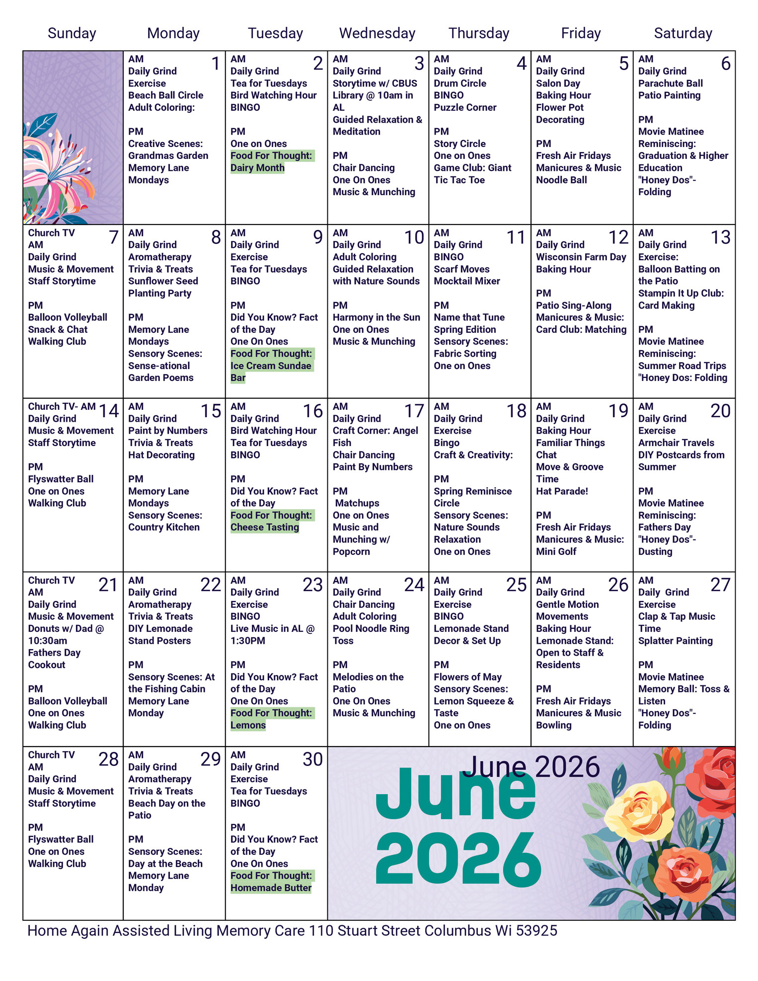 Columbus Memory Care June 2026 Activity Calendar
