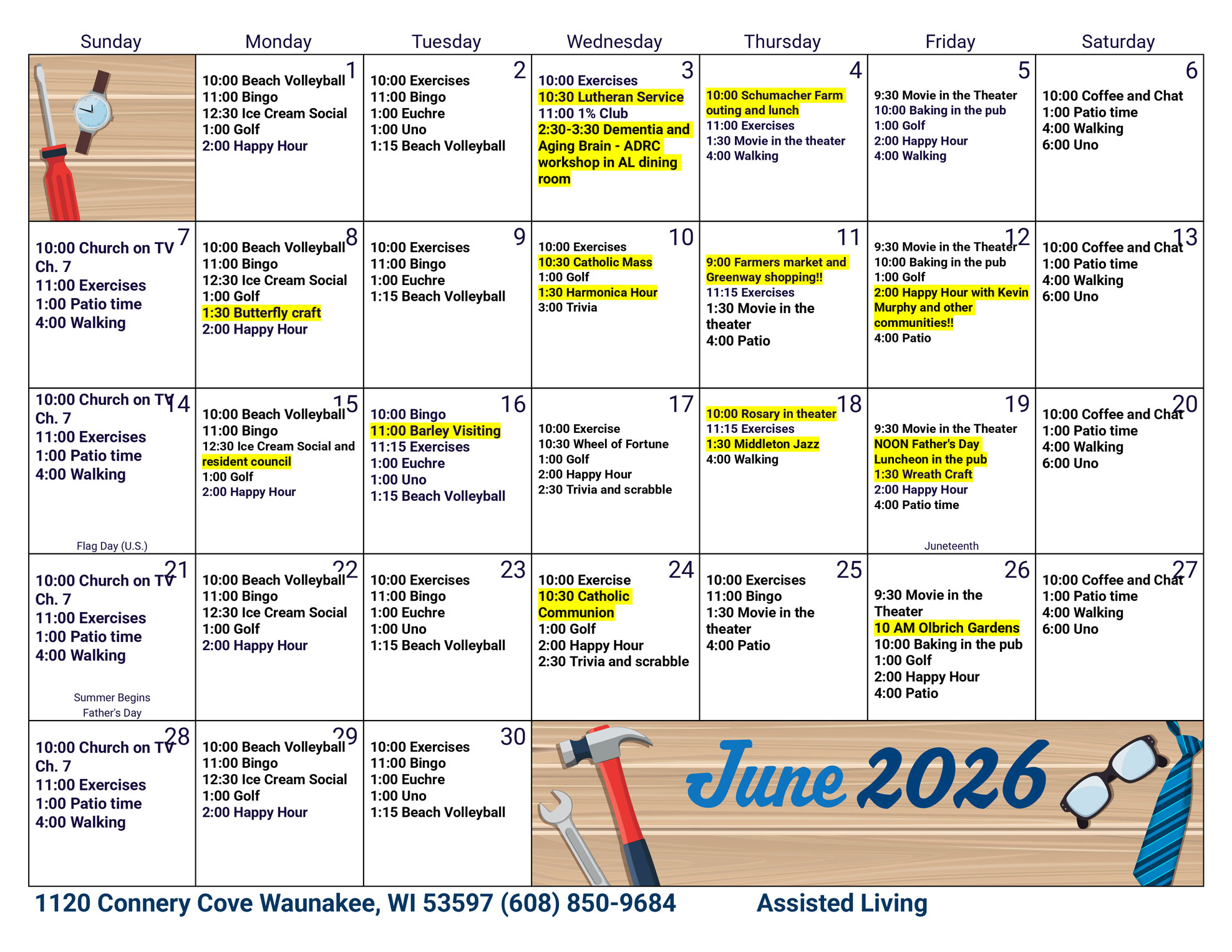 Waunakee Assisted Living June 2026 Activity Calendar