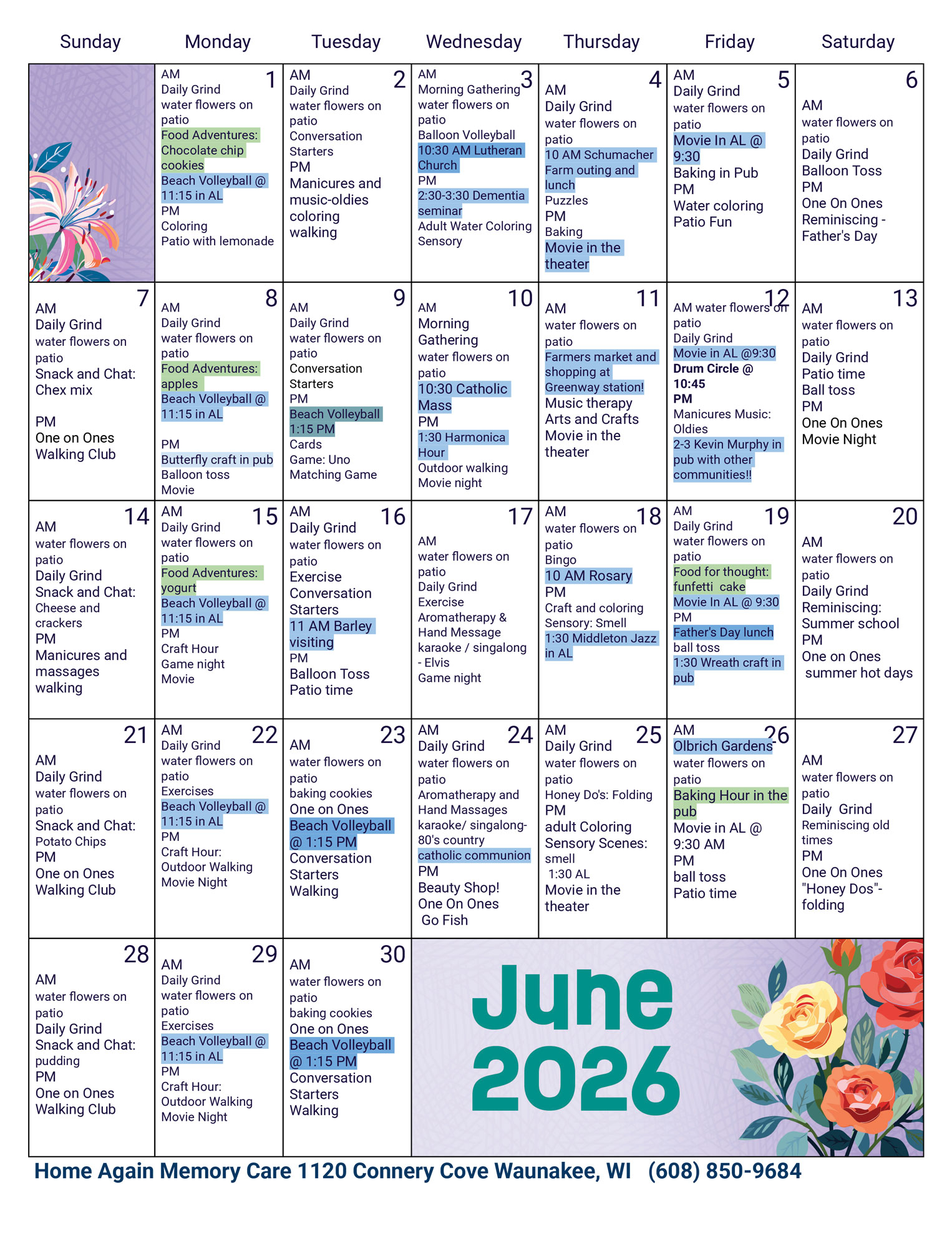 Waunakee Memory Care June 2026 Activity Calendar