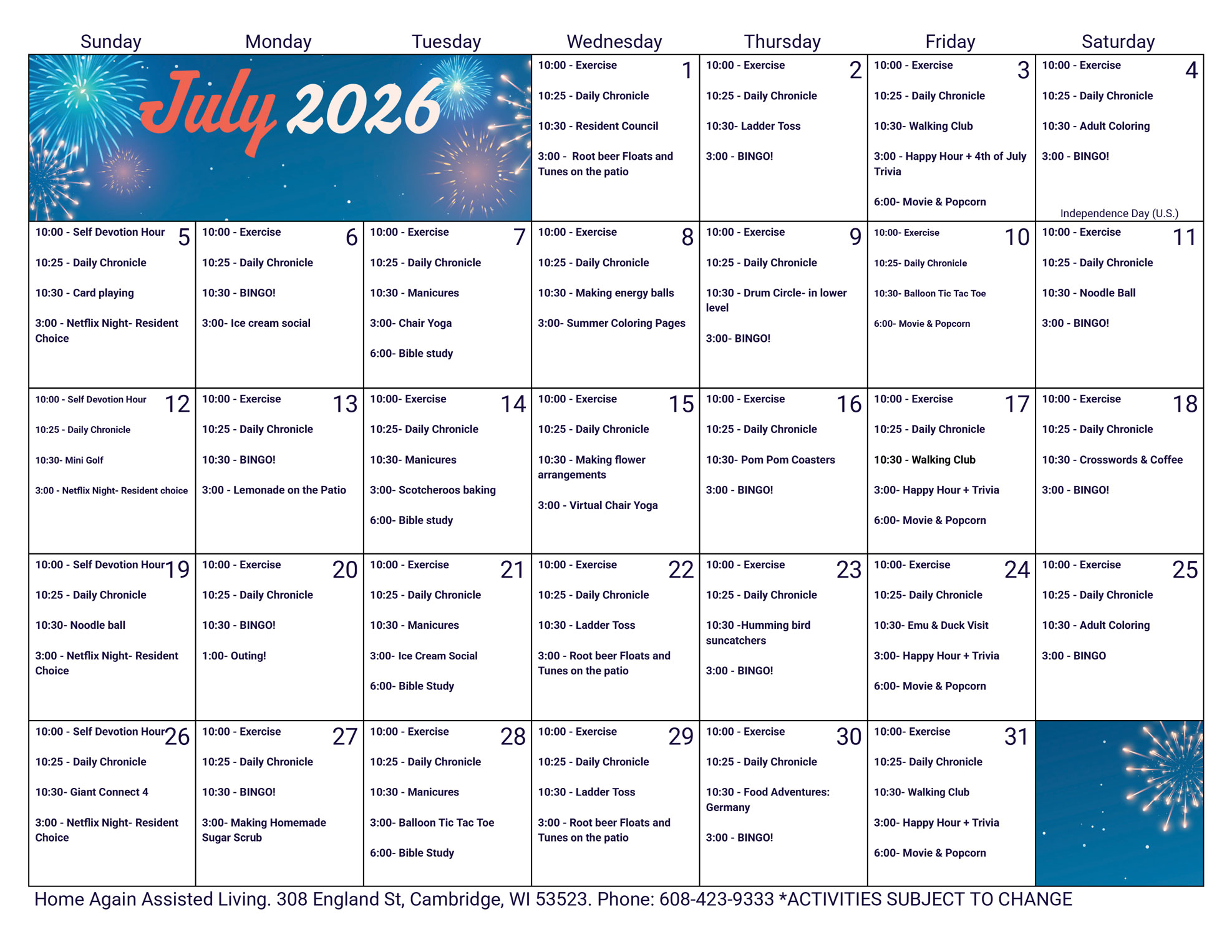 Cambridge Assisted Living July 2026 Activity Calendar