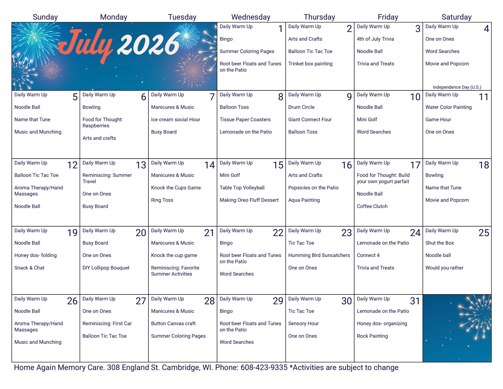 Cambridge Memory Care July 2026 Activity Calendar