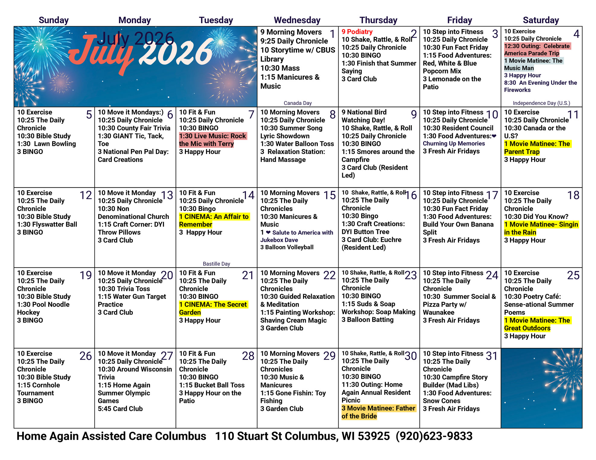 Columbus Assisted Living July 2026 Activity Calendar