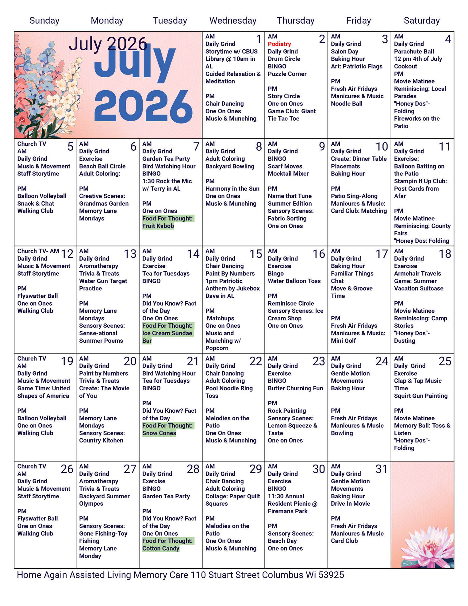 Columbus Memory Care July 2026 Activity Calendar