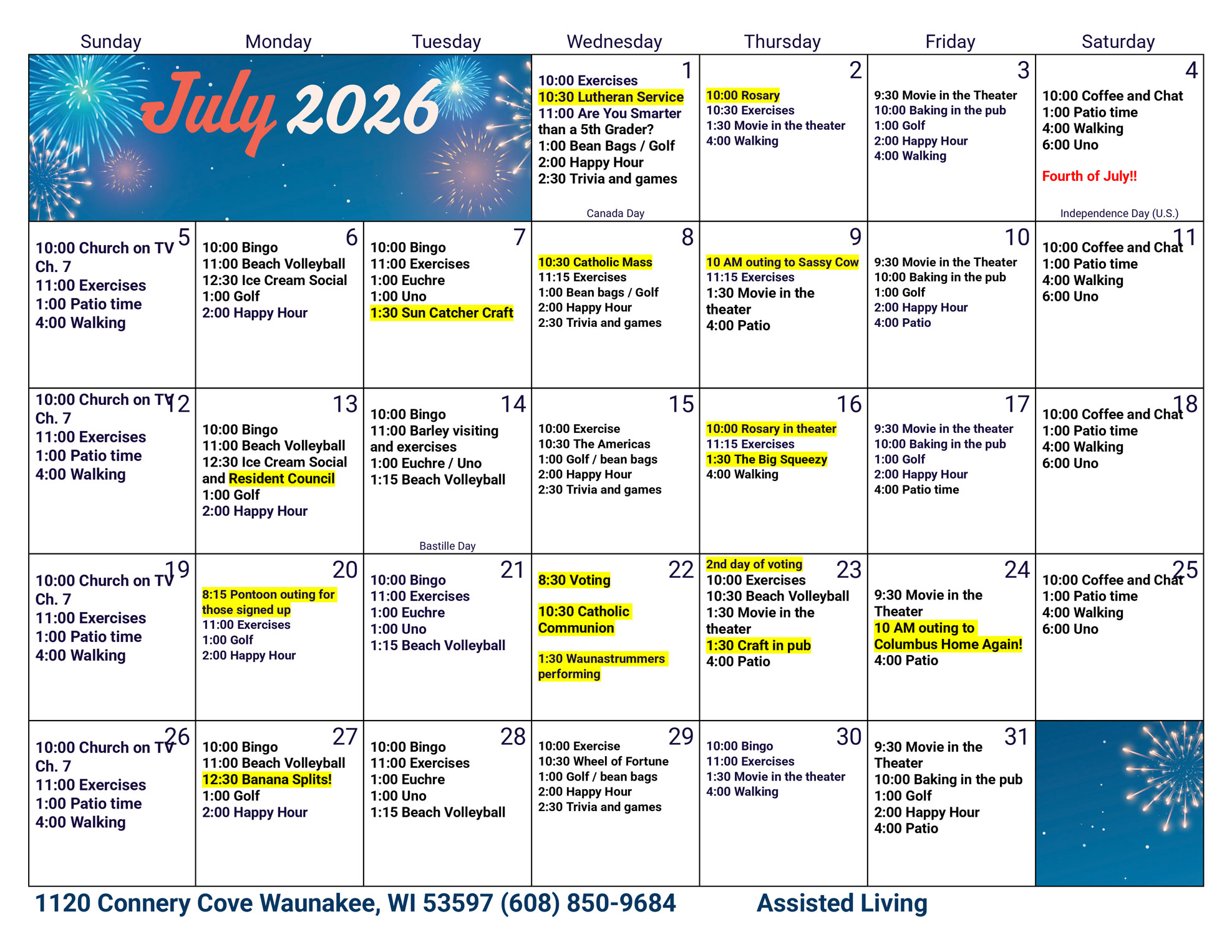 Waunakee Assisted Living July 2026 Activity Calendar